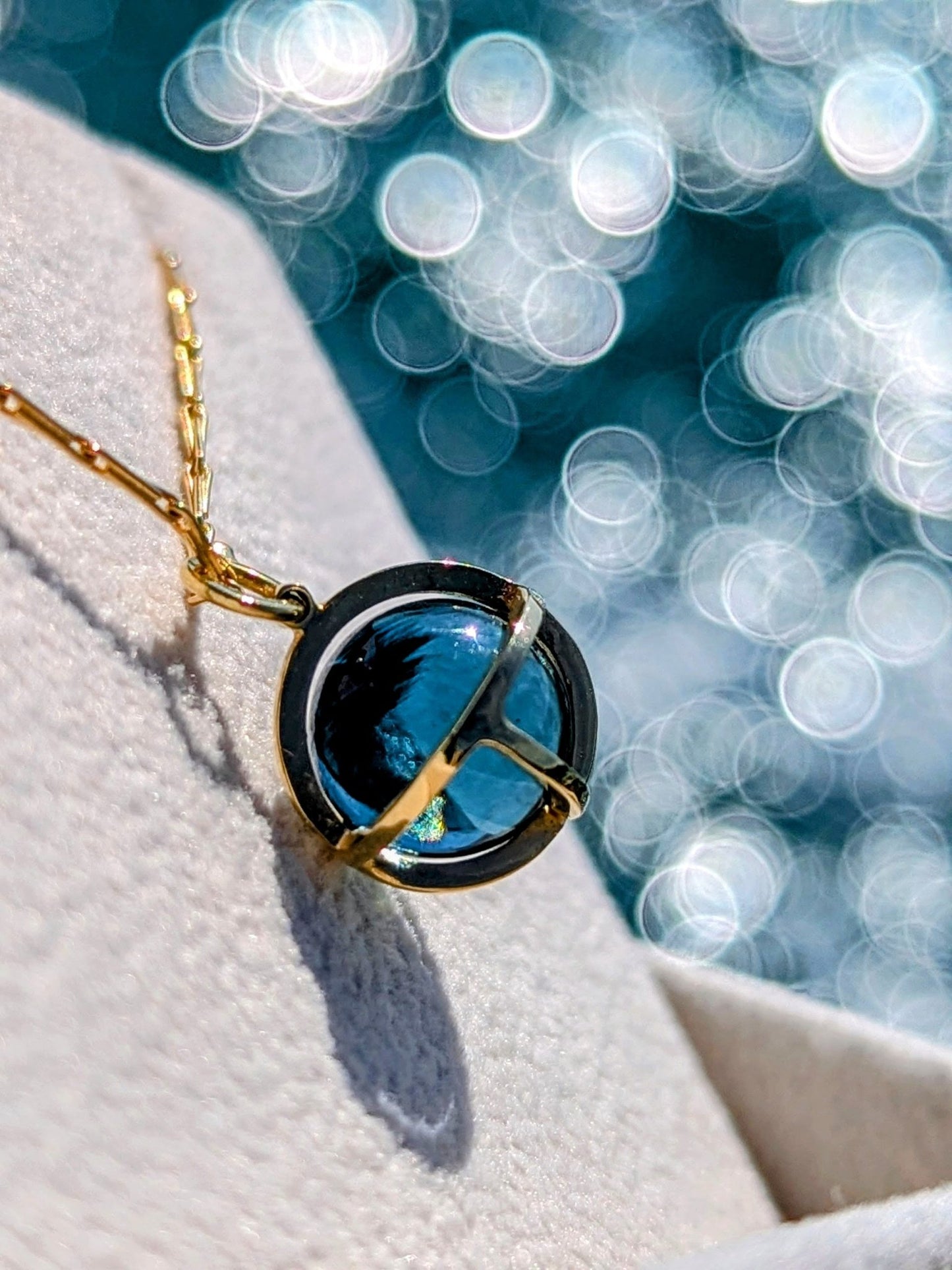 18 Carat Gold Necklace with London Blue Topaz Sphere – Drop of the OceanOcean - Inspired NecklacesBooblinka Jewellery
