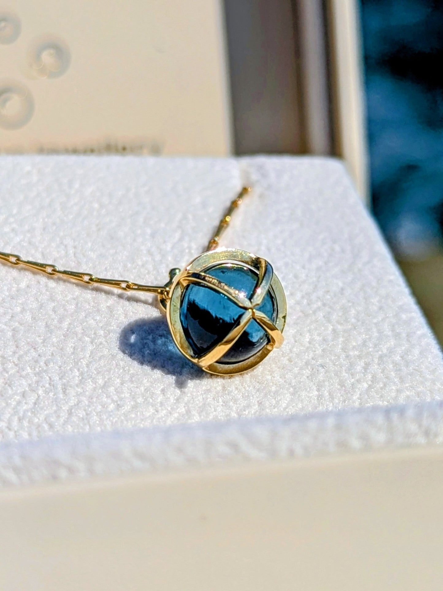 18 Carat Gold Necklace with London Blue Topaz Sphere – Drop of the OceanOcean - Inspired NecklacesBooblinka Jewellery