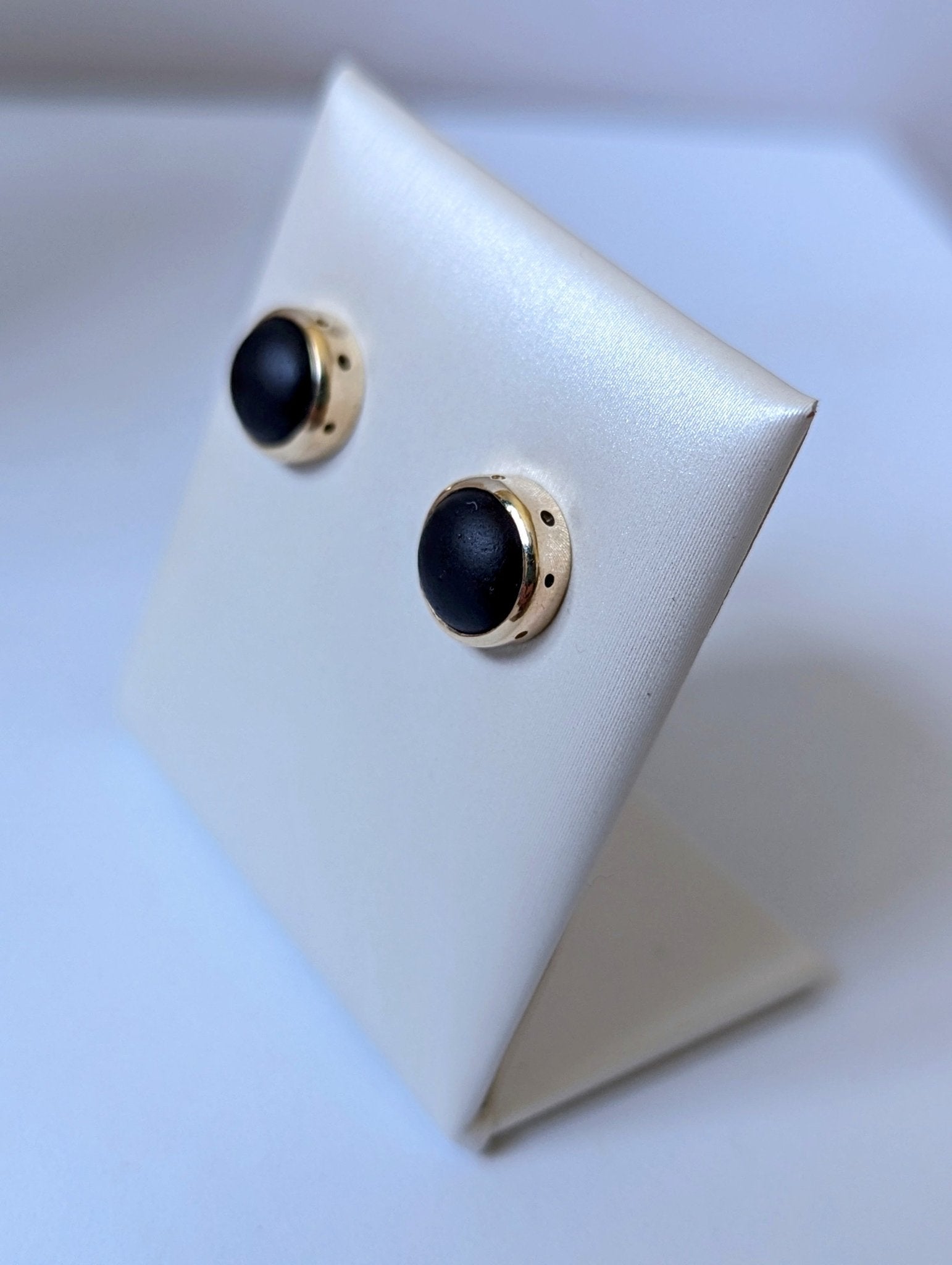 Rare Black Sea Glass Gold Stud Earrings made with recycled 9 Carat Gold – Allure Collection by Booblinka Jewellery