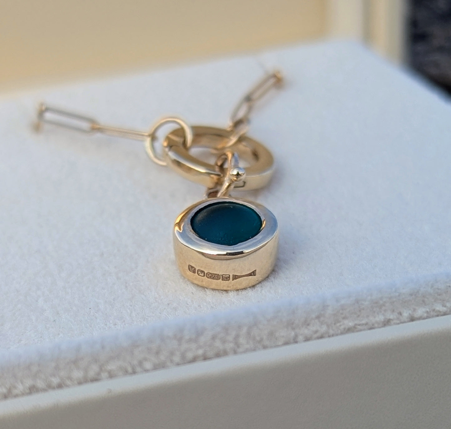 Teal Sea Glass Gold Necklace with Removable Connector and Paperclip Chain