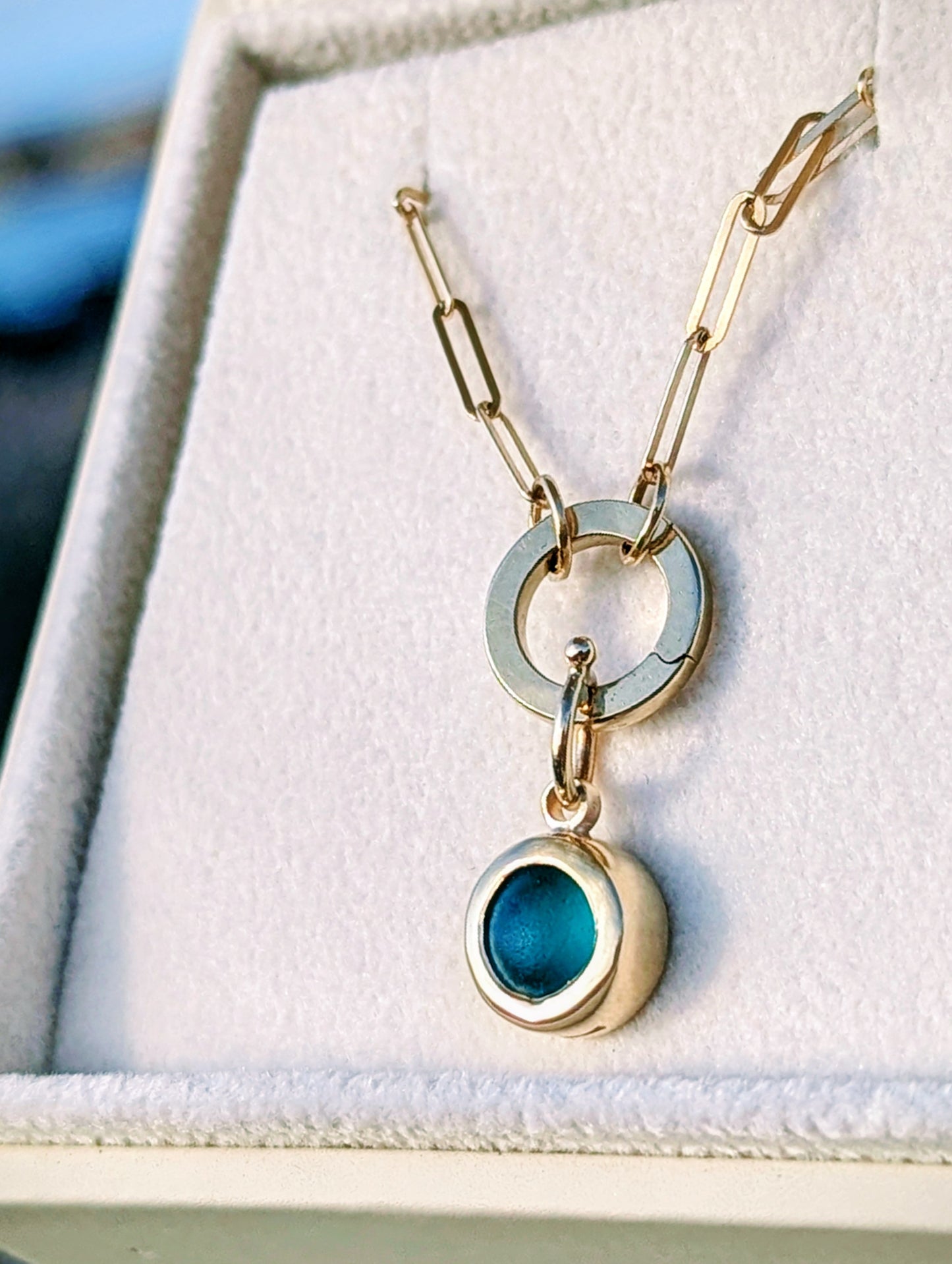 Teal Sea Glass Gold Necklace with Removable Connector and Paperclip Chain