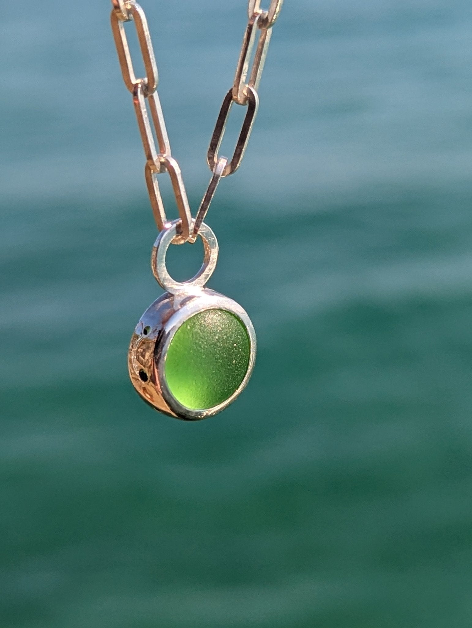 Aqua Green Sea Glass Necklace with Paperclip Chain – Sterling SilverOcean - Inspired NecklacesBooblinka Jewellery