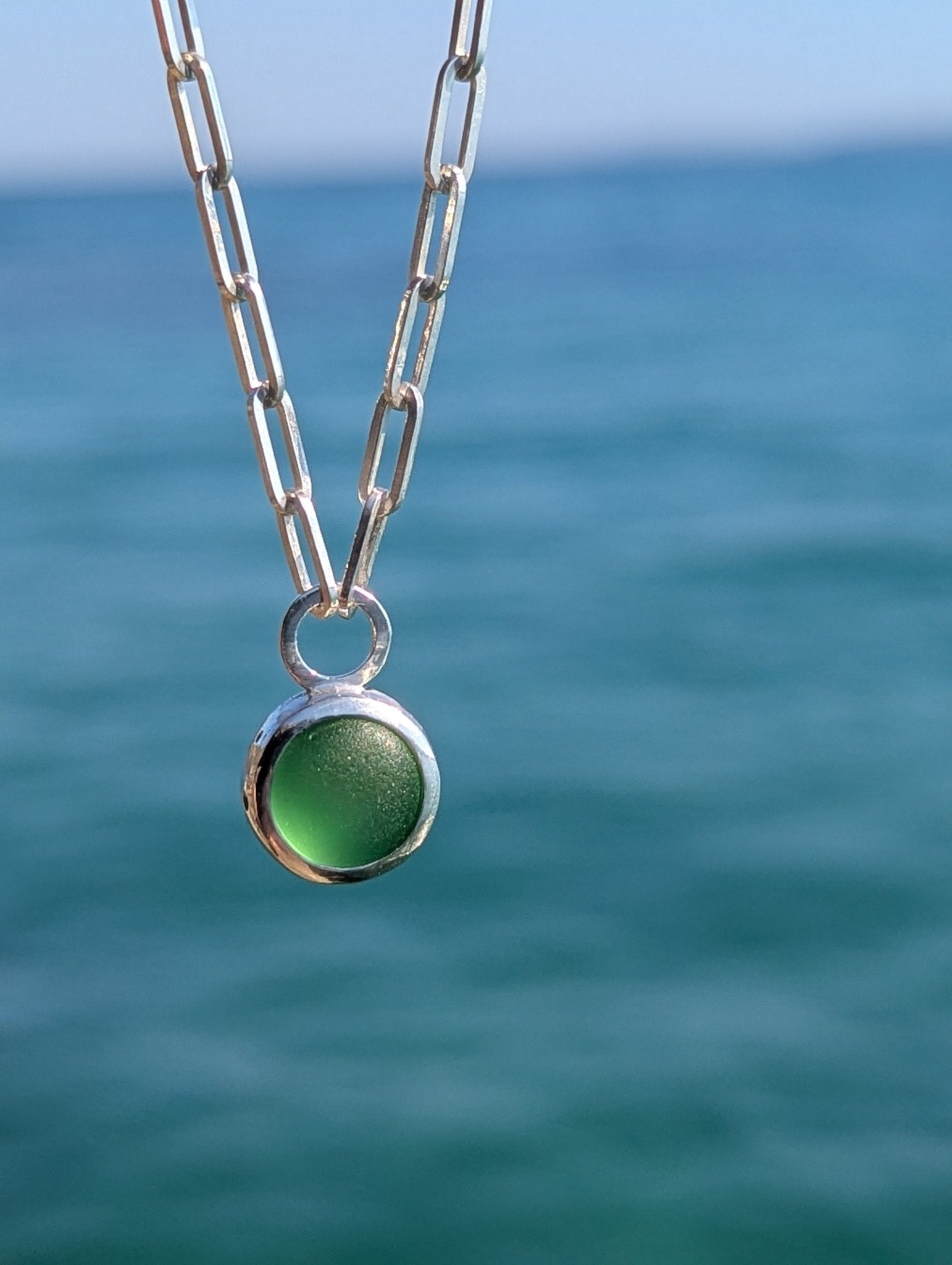 Aqua Green Sea Glass Necklace with Paperclip Chain – Sterling SilverOcean - Inspired NecklacesBooblinka Jewellery