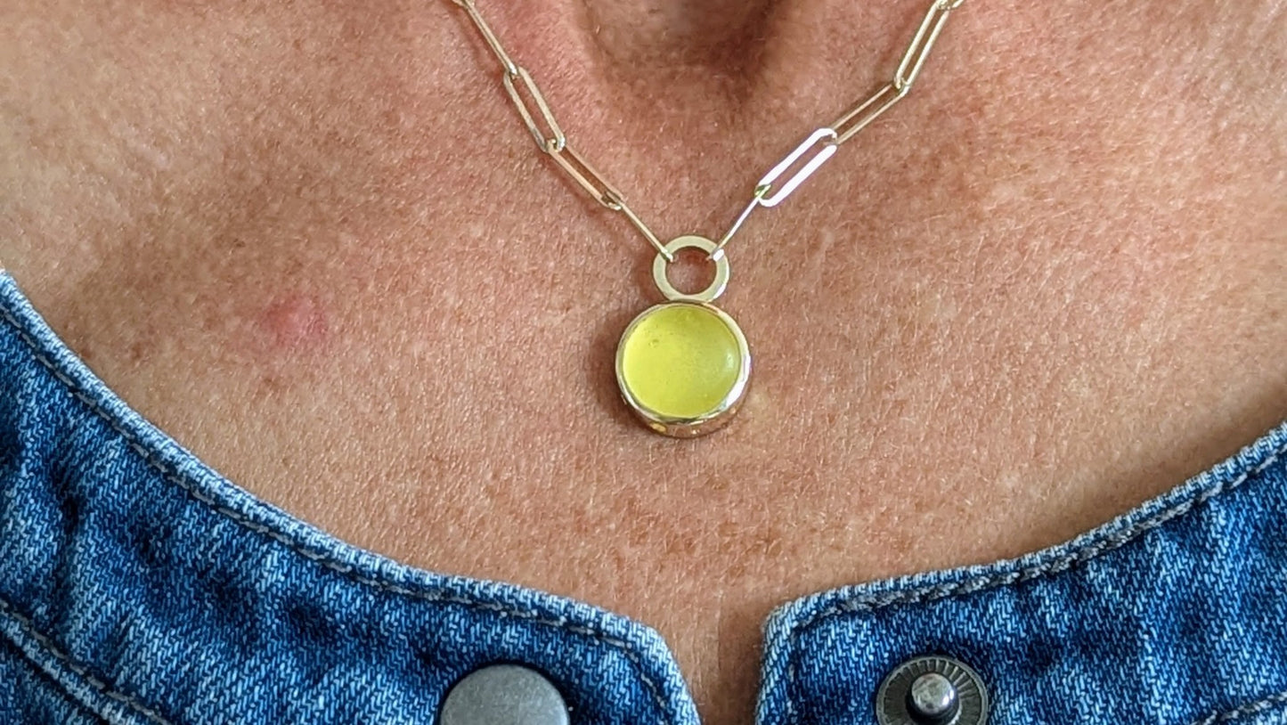 Rare Yellow Sea Glass Paperclip Necklace in Solid 9ct Gold made by Booblinka Jewellery