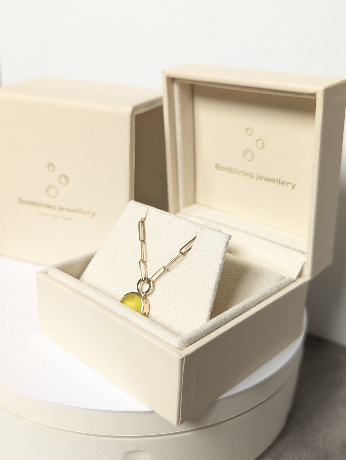Rare Yellow Sea Glass Paperclip Necklace in Solid 9ct Gold made by Booblinka Jewellery in a plush jewellery box