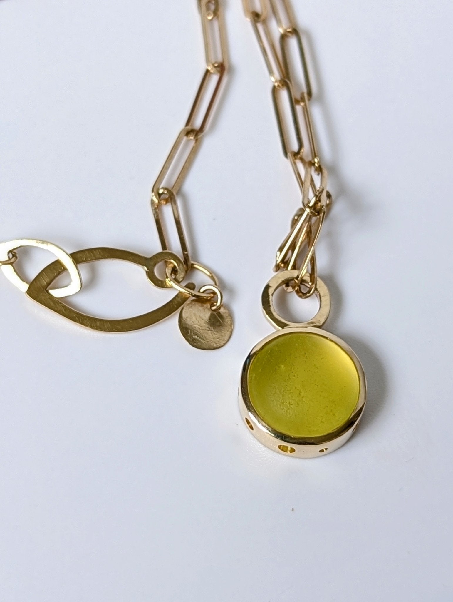 Rare Yellow Sea Glass Paperclip Necklace in Solid 9ct Gold with handmade clasp made by Booblinka Jewellery