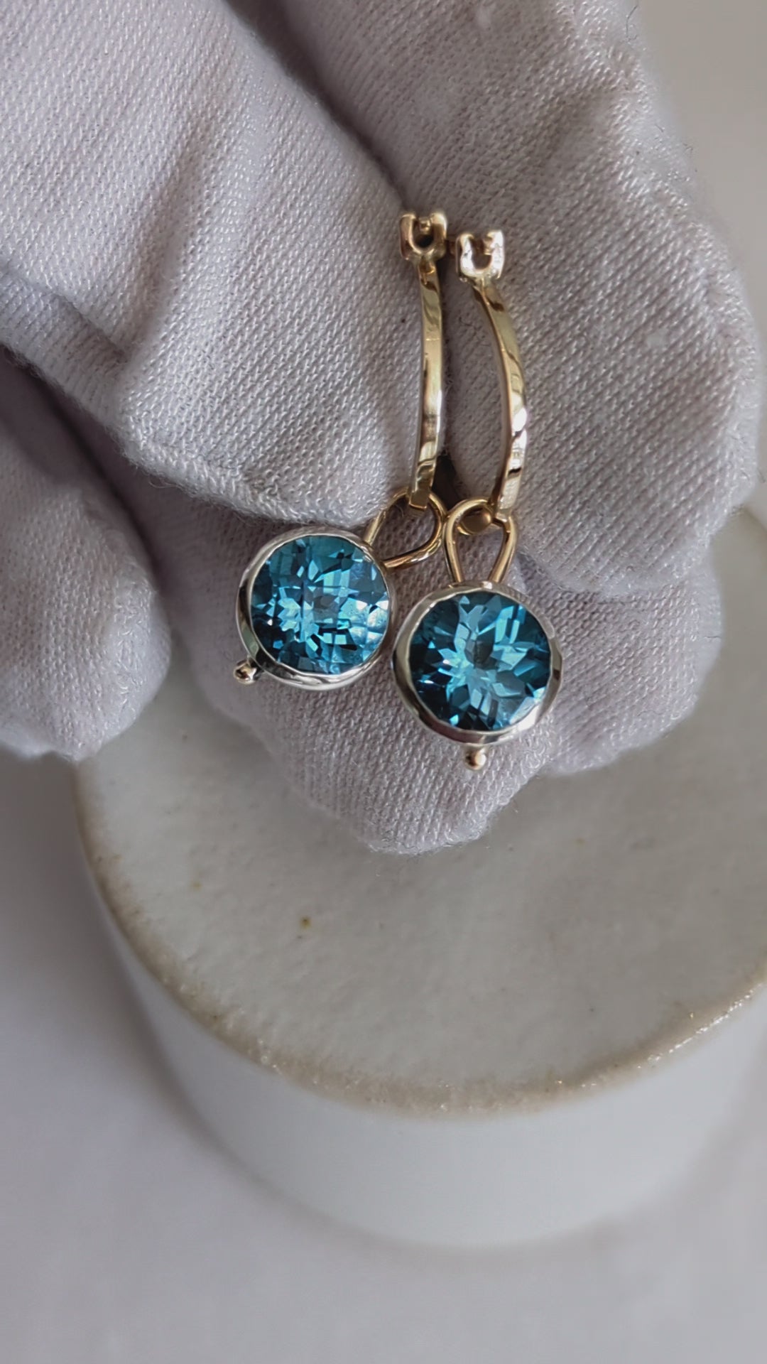 Swiss Blue Topaz Charm Gold Hoop Earrings