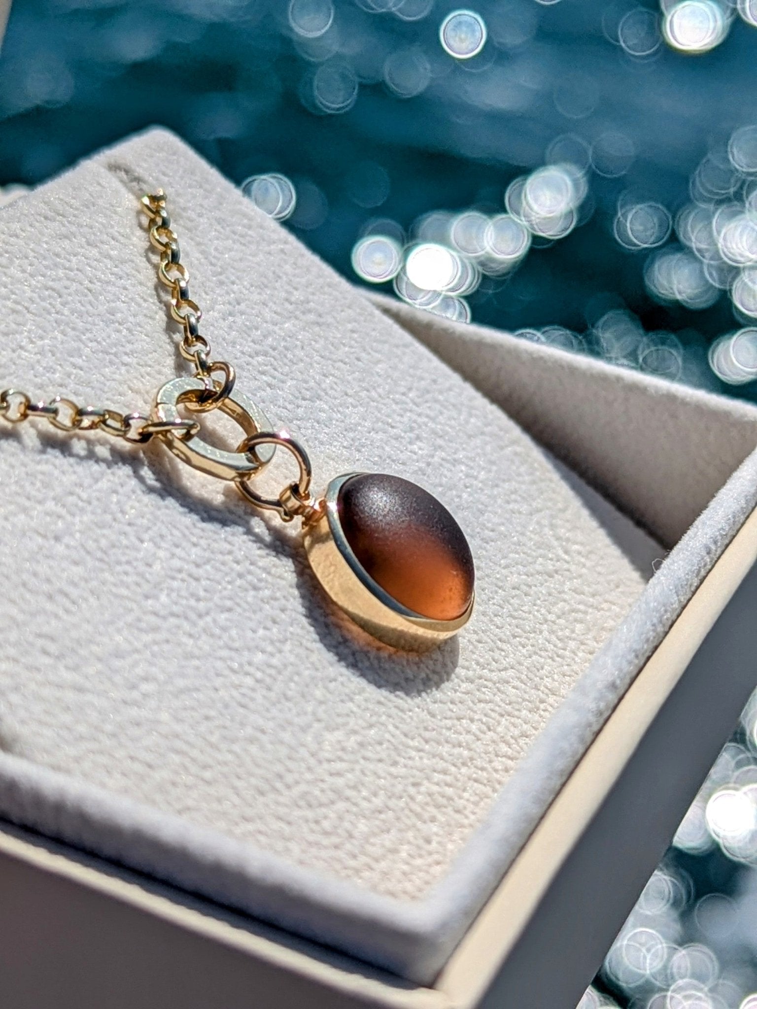 Solid 9ct Gold Necklace with Rare Mink Brown Sea Glass – Handmade in CornwallNecklacesBooblinka Jewellery