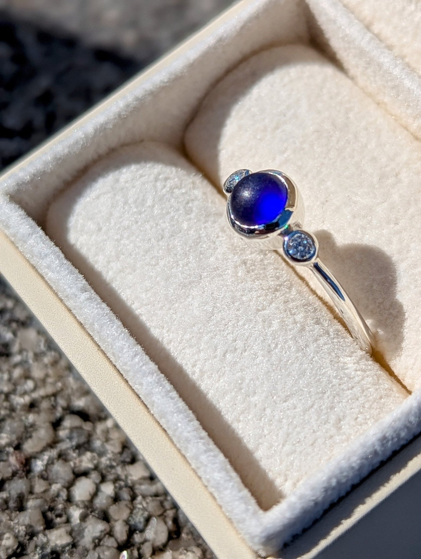 Sterling Silver Engagement Ring with Cobalt Sea Glass & Moissanites in an ivory plush jewellery box – Handmade in Cornwall by Booblinka Jewellery