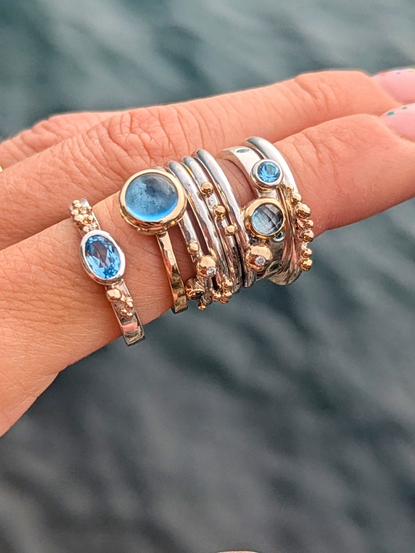 Swiss Blue Topaz Ring with Gold Granules – Handmade in Cornwall, Ocean CollectionRingsBooblinka Jewellery