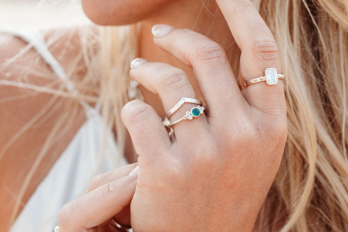 Teal Sea Glass & Diamond Ring in 9ct White Gold – Handcrafted Ocean - Inspired Engagement RingRingsBooblinka Jewellery