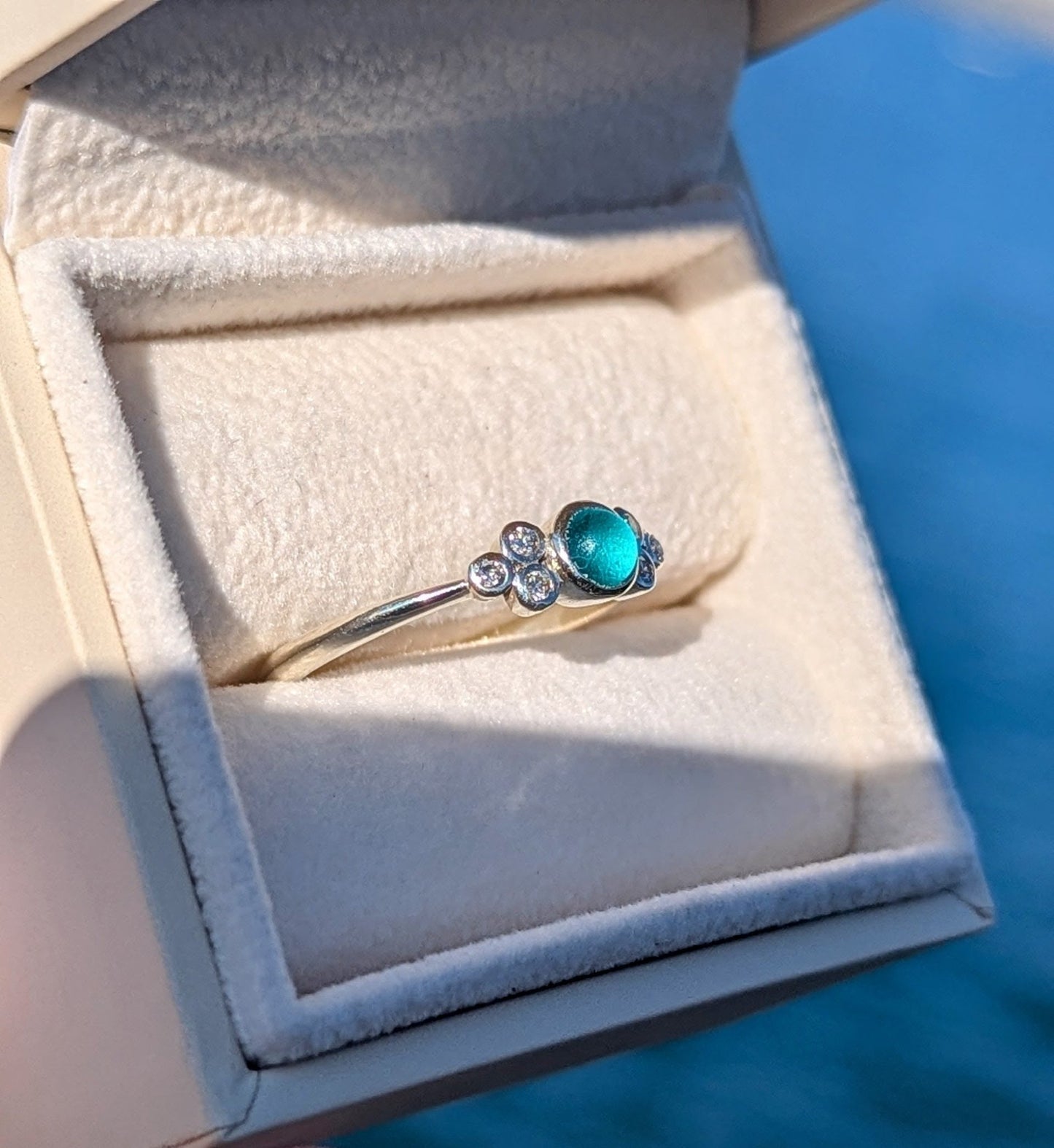 Teal Sea Glass & Diamond Ring in 9ct White Gold – Handcrafted Ocean - Inspired Engagement RingRingsBooblinka Jewellery