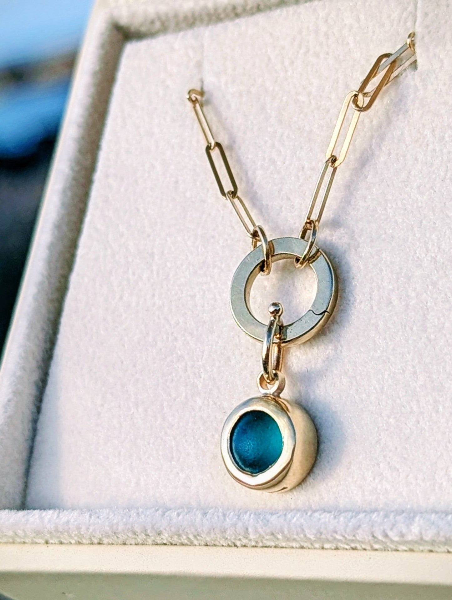 Teal Sea Glass Gold Necklace with Removable Connector and Paperclip ChainNecklacesBooblinka Jewellery