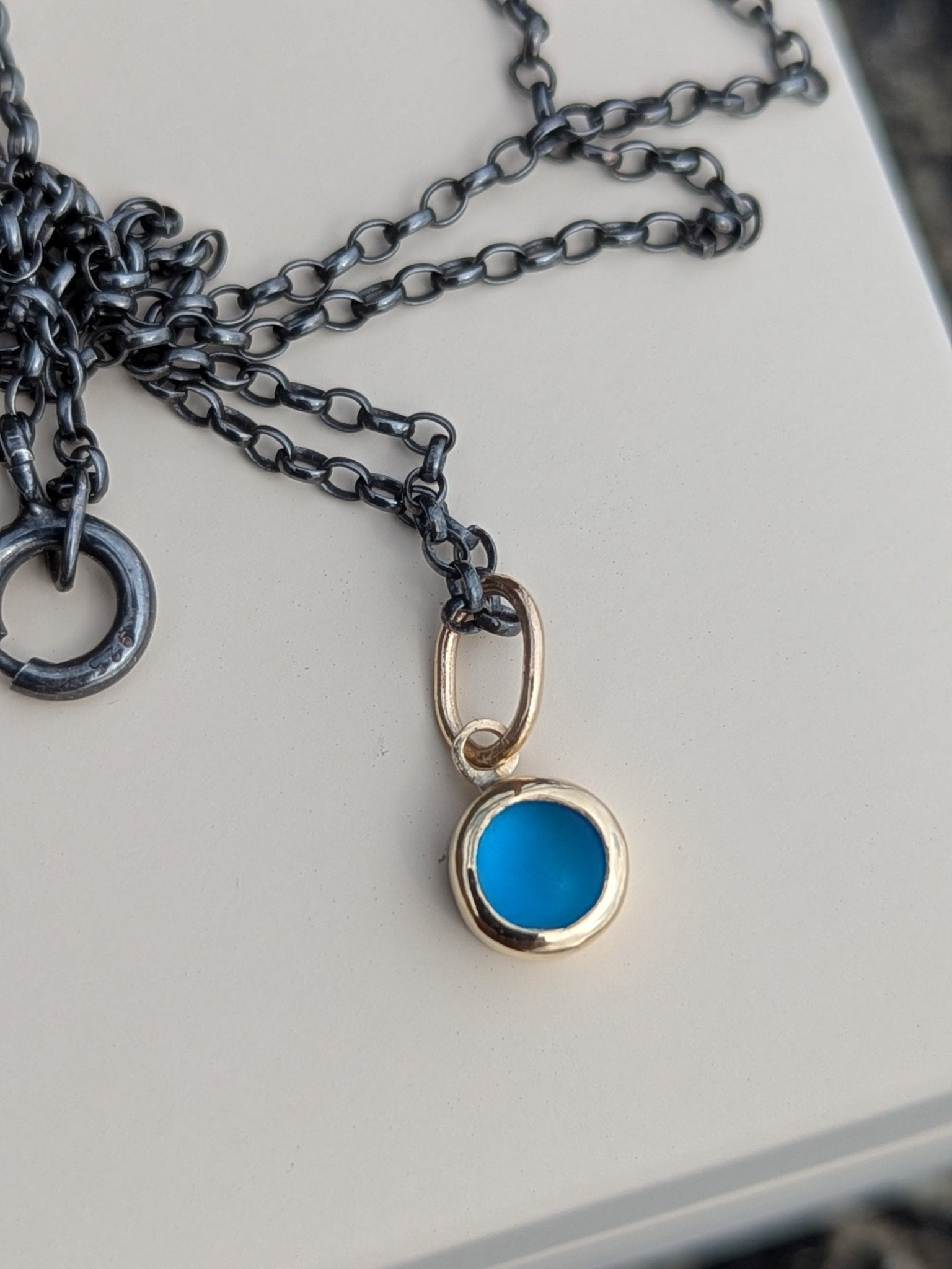 Vibrant Blue Sea Glass & Gold Pendant on Oxidised Silver ChainBooblinka Jewellery