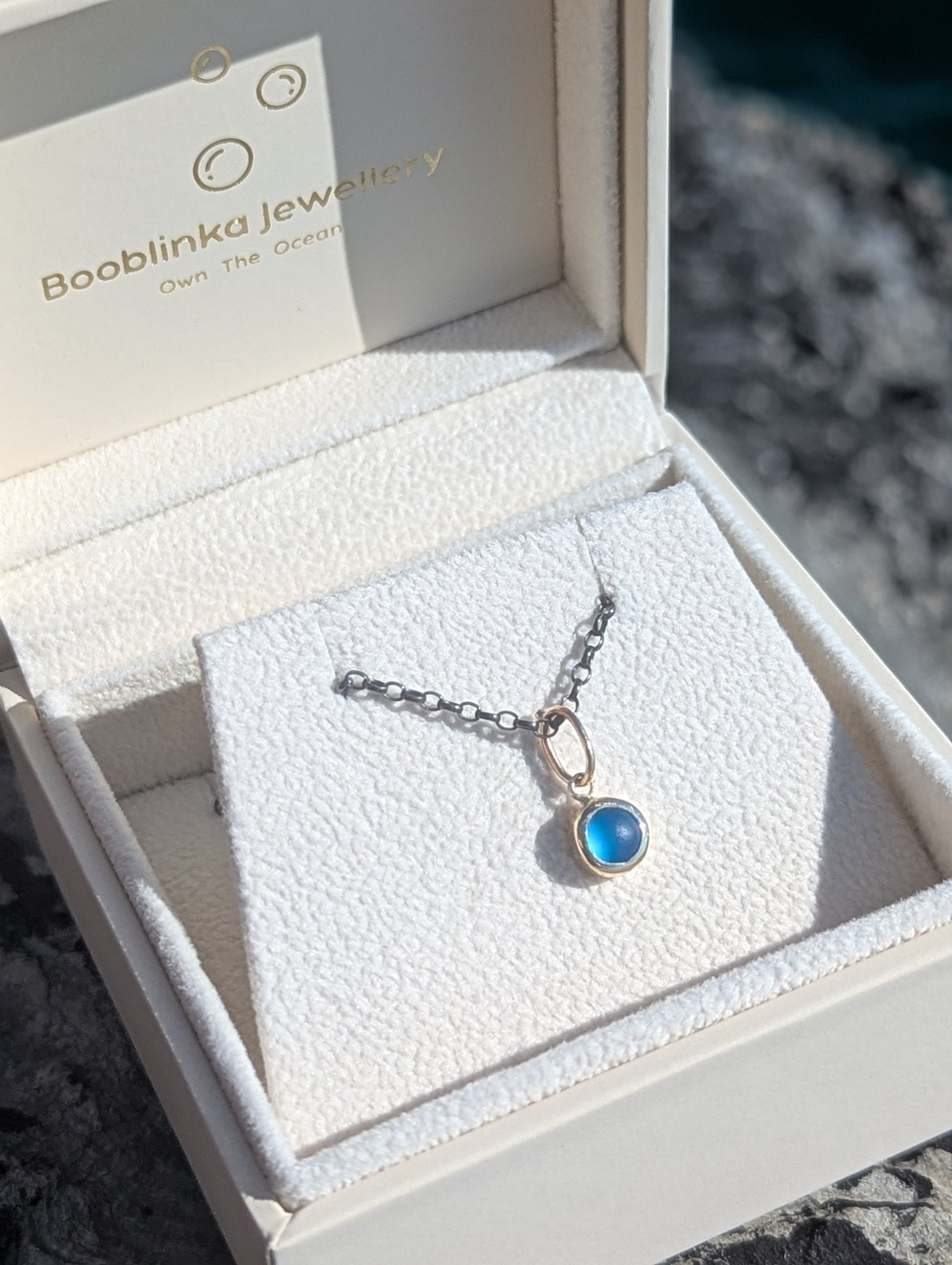 Vibrant Blue Sea Glass & Gold Pendant on Oxidised Silver ChainBooblinka Jewellery