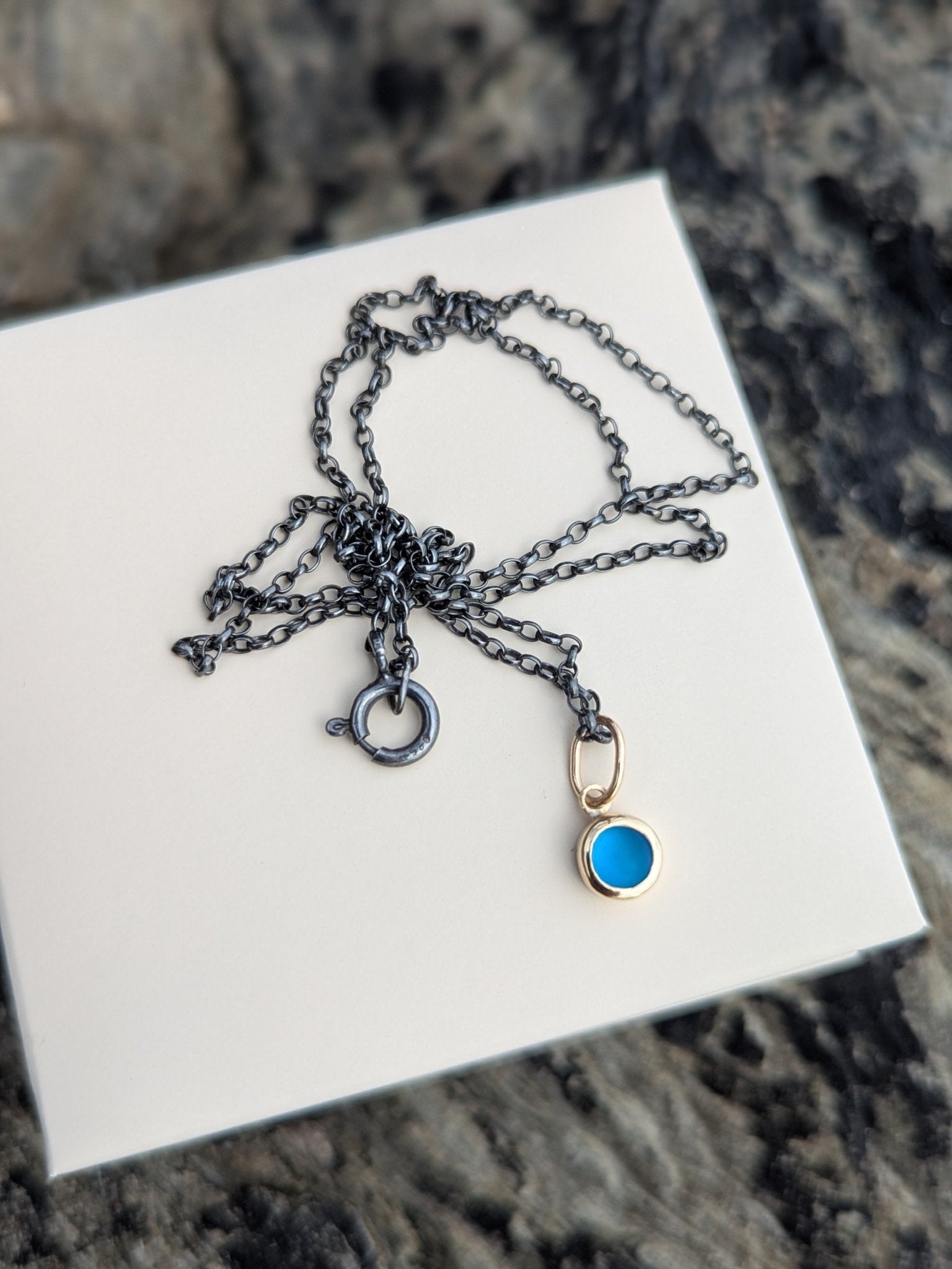 Vibrant Blue Sea Glass & Gold Pendant on Oxidised Silver ChainBooblinka Jewellery