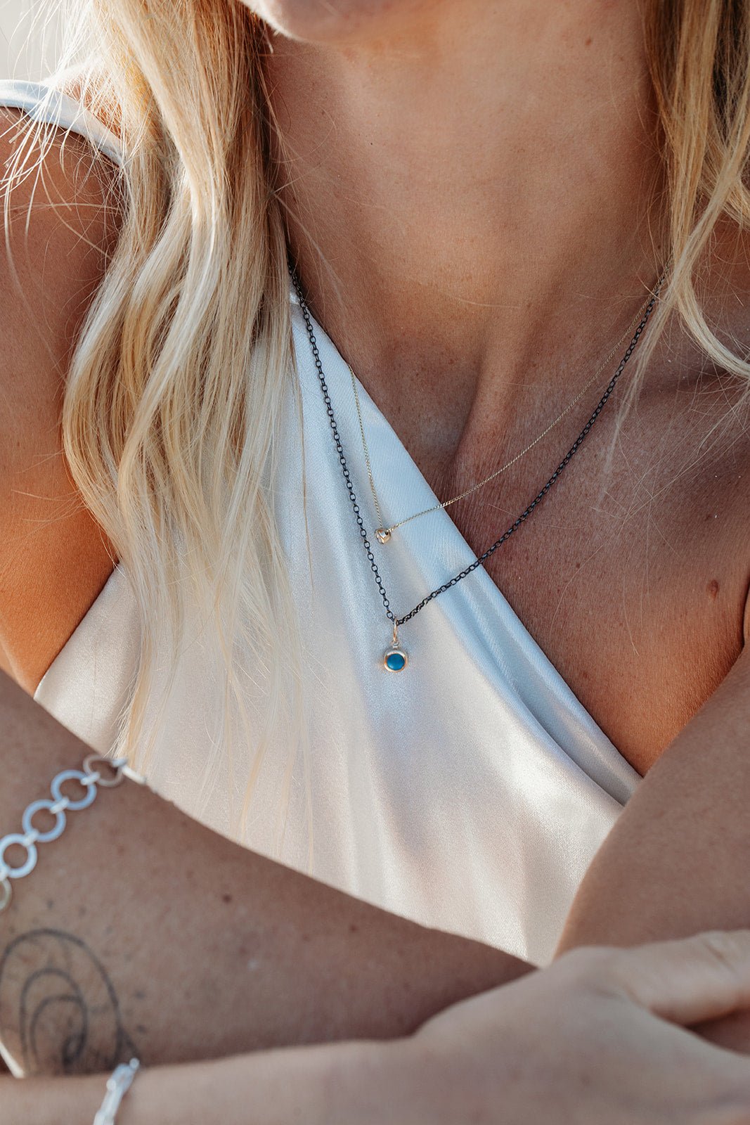 Vibrant Blue Sea Glass & Gold Pendant on Oxidised Silver ChainBooblinka Jewellery