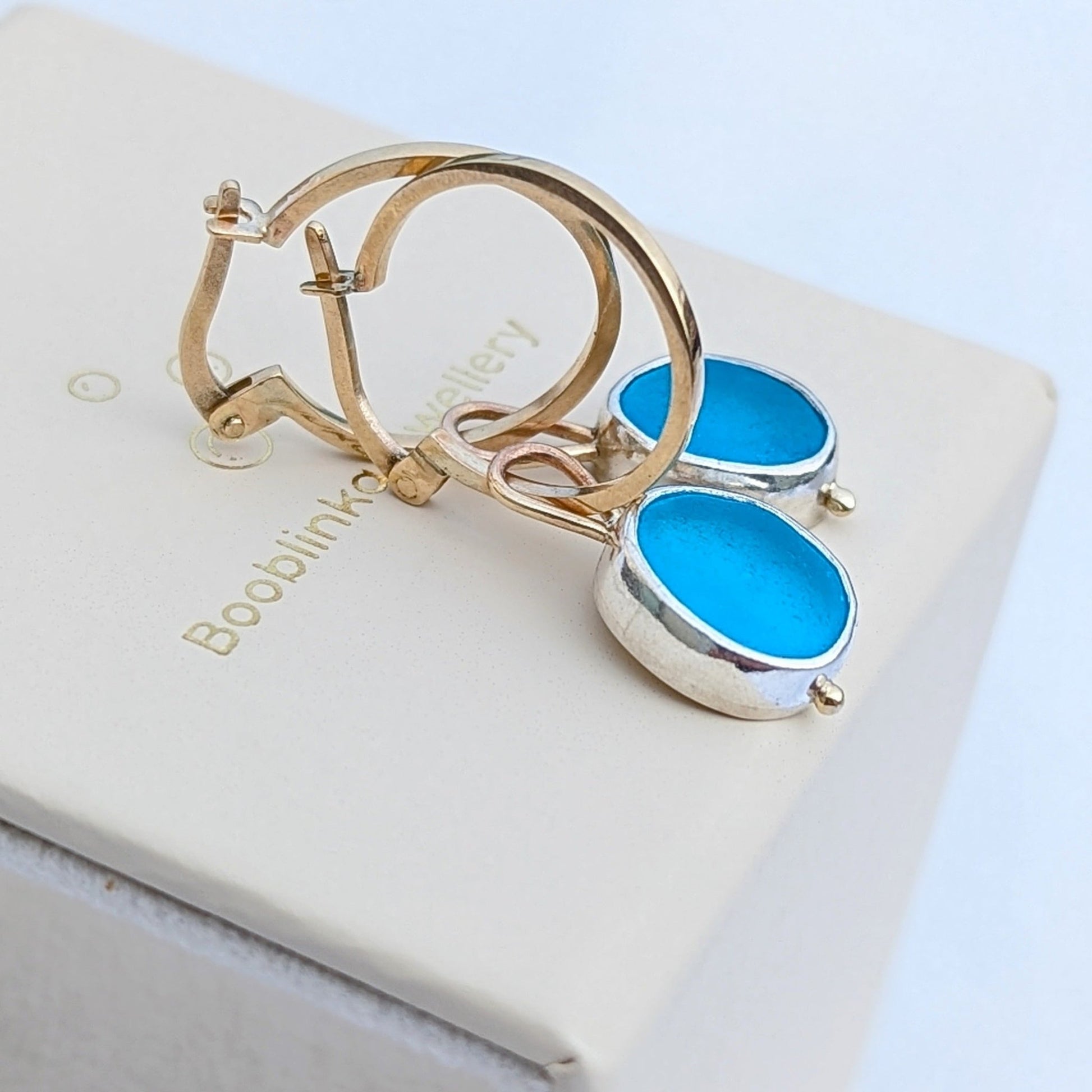 9ct Gold Hoop Earrings with Removable Turquoise Sea Glass Charms  Booblinka Jewellery