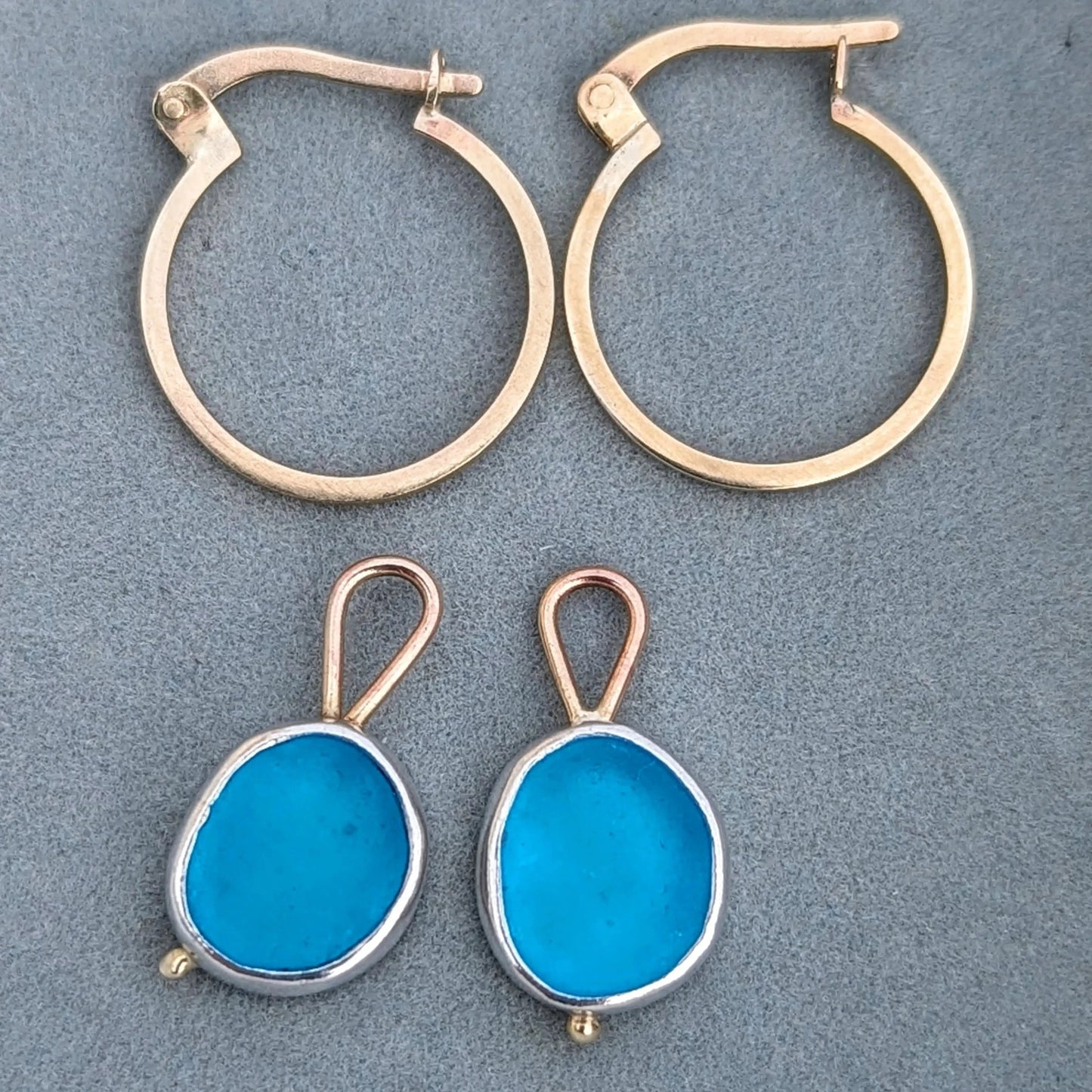 9ct Gold Hoop Earrings with Removable Turquoise Sea Glass Charms  Booblinka Jewellery