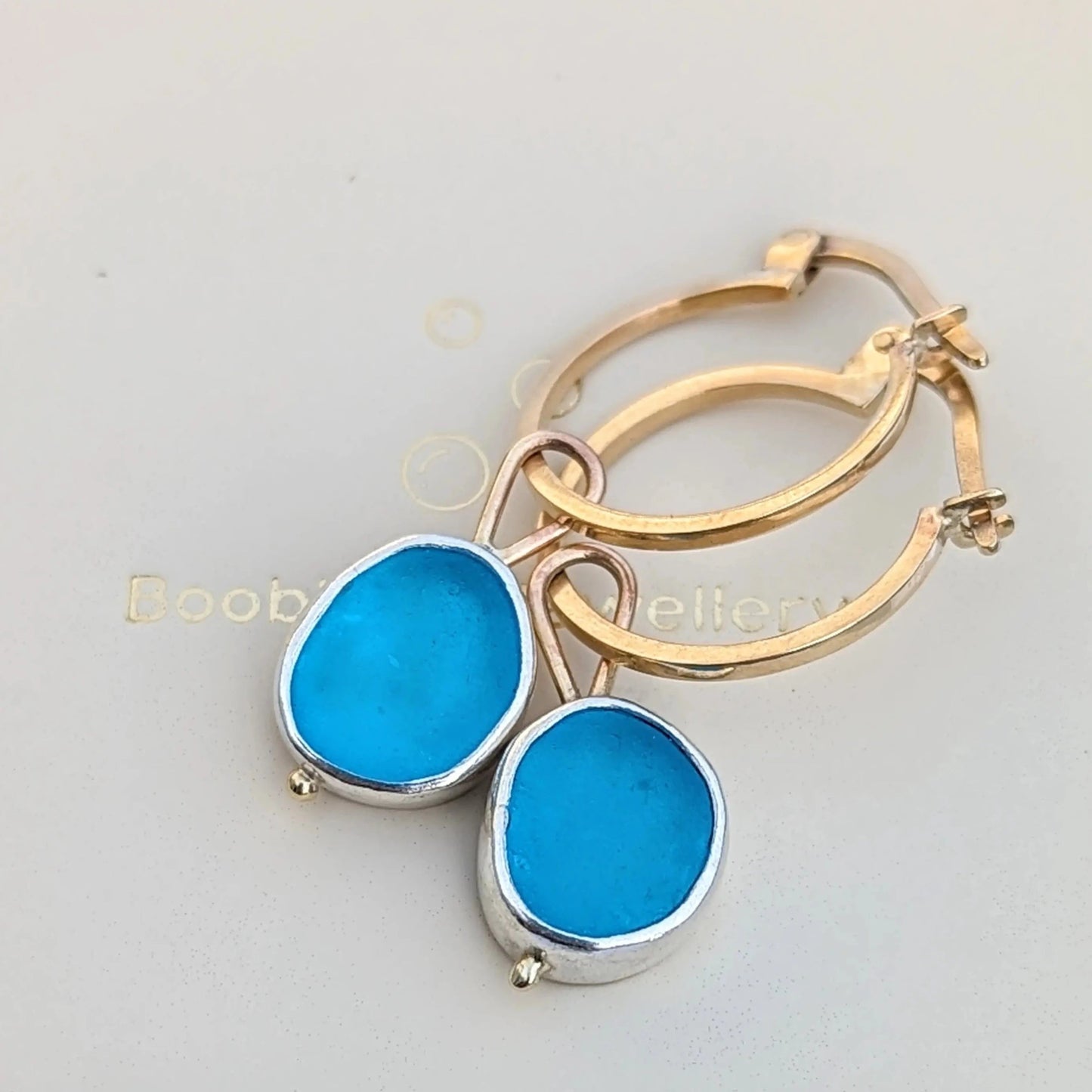 9ct Gold Hoop Earrings with Removable Turquoise Sea Glass Charms  Booblinka Jewellery