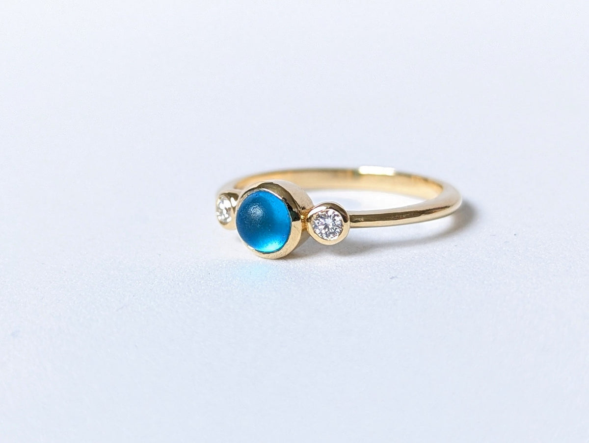 Handcrafted Engagement Ring with Blue Sea Glass & Ocean Diamonds 