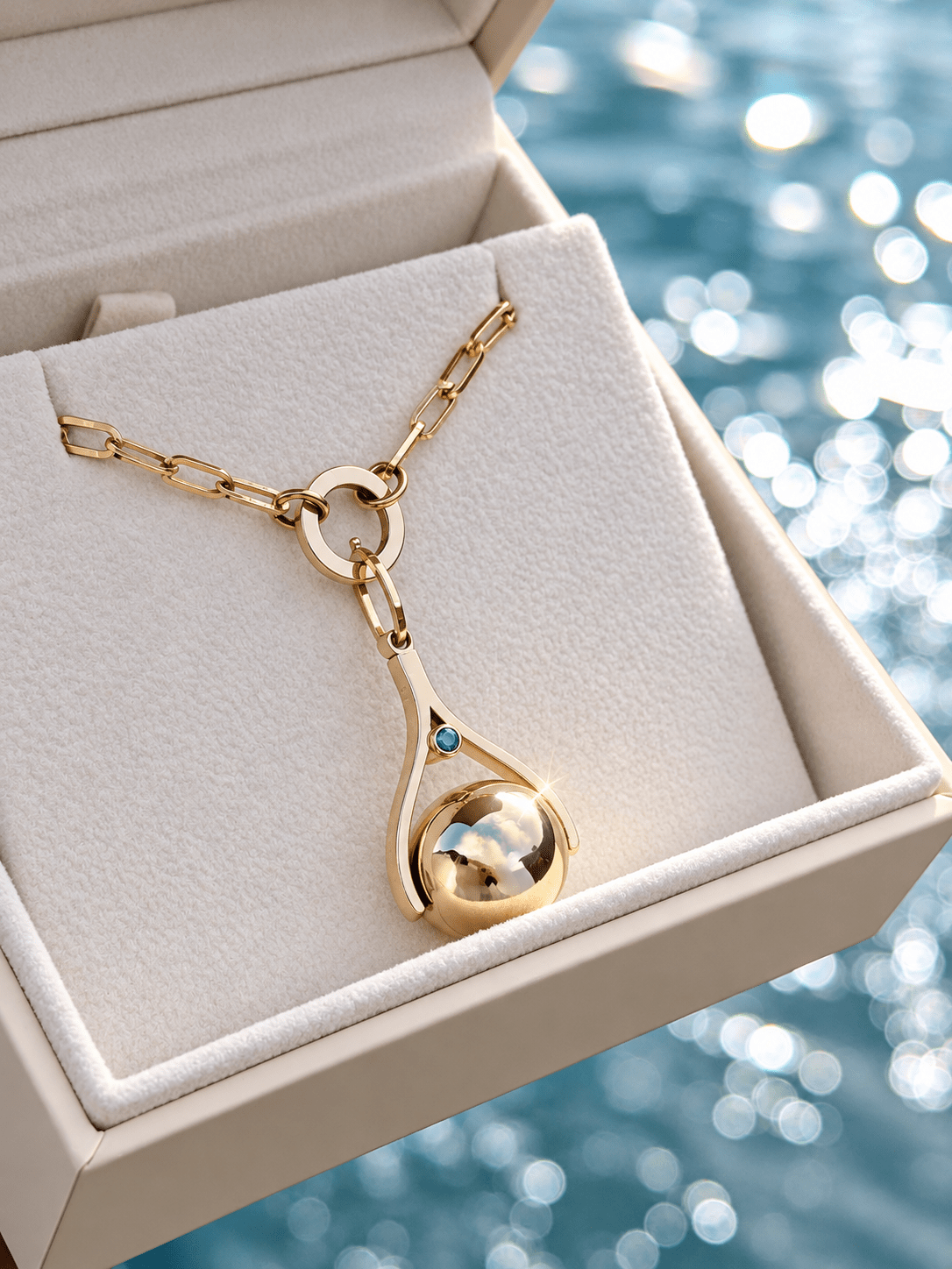 Close-up of a gold spinning ball pendant in a jewellery box, showing the blue diamond, paperclip chain and circular hinged gold charm holder.