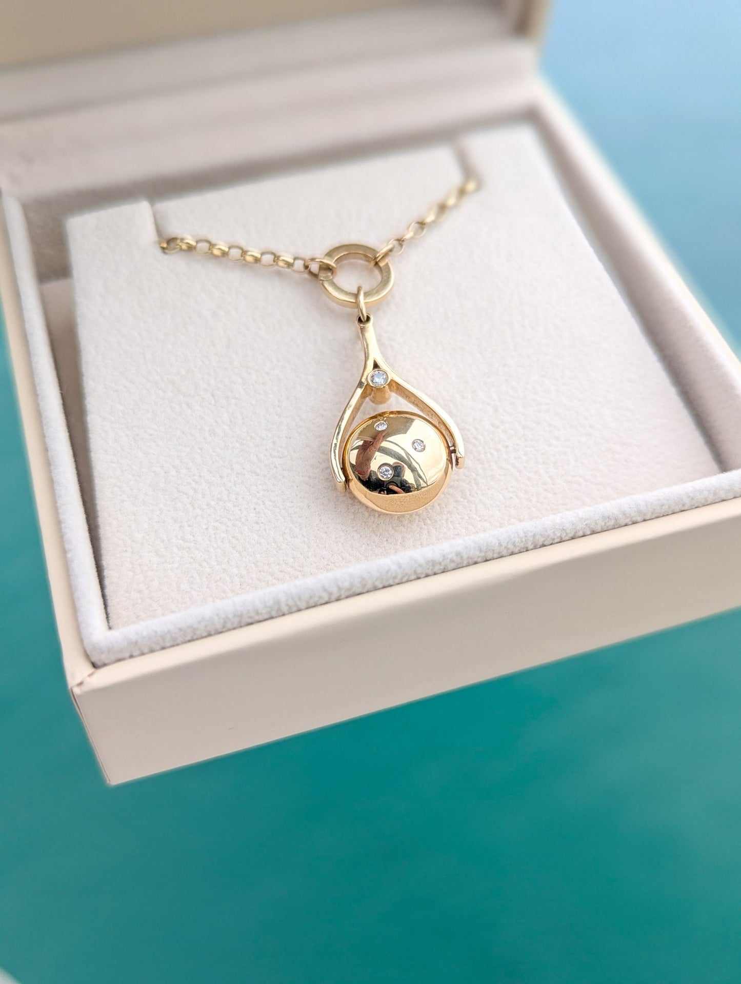 9ct Gold Spinning Necklace with Diamonds & Solid Gold Charm Holder – Handcrafted in CornwallNecklacesBooblinka Jewellery