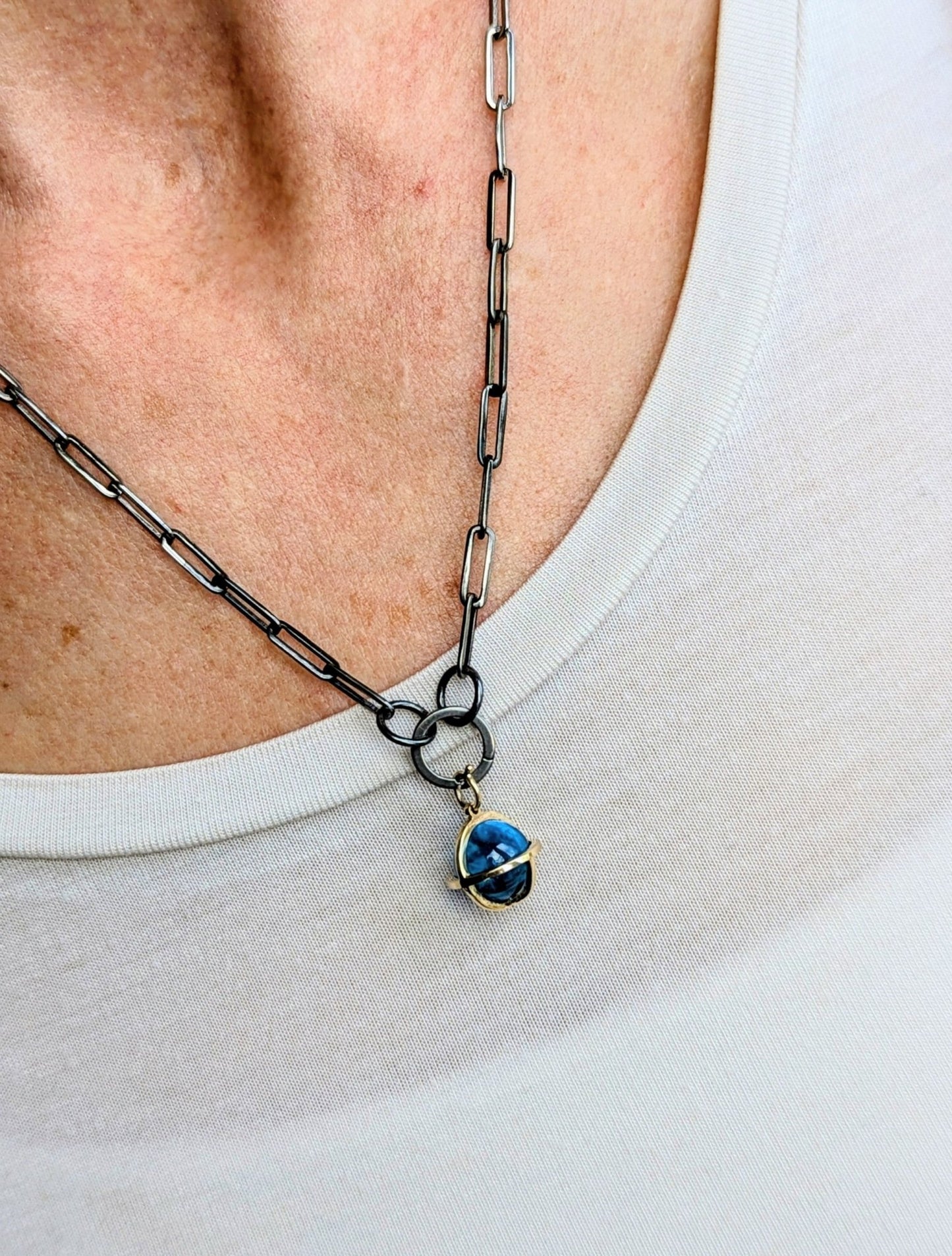 9ct Gold Swiss Blue Topaz Sphere Pendant with Black Rhodium Silver ChainNecklacesBooblinka Jewellery