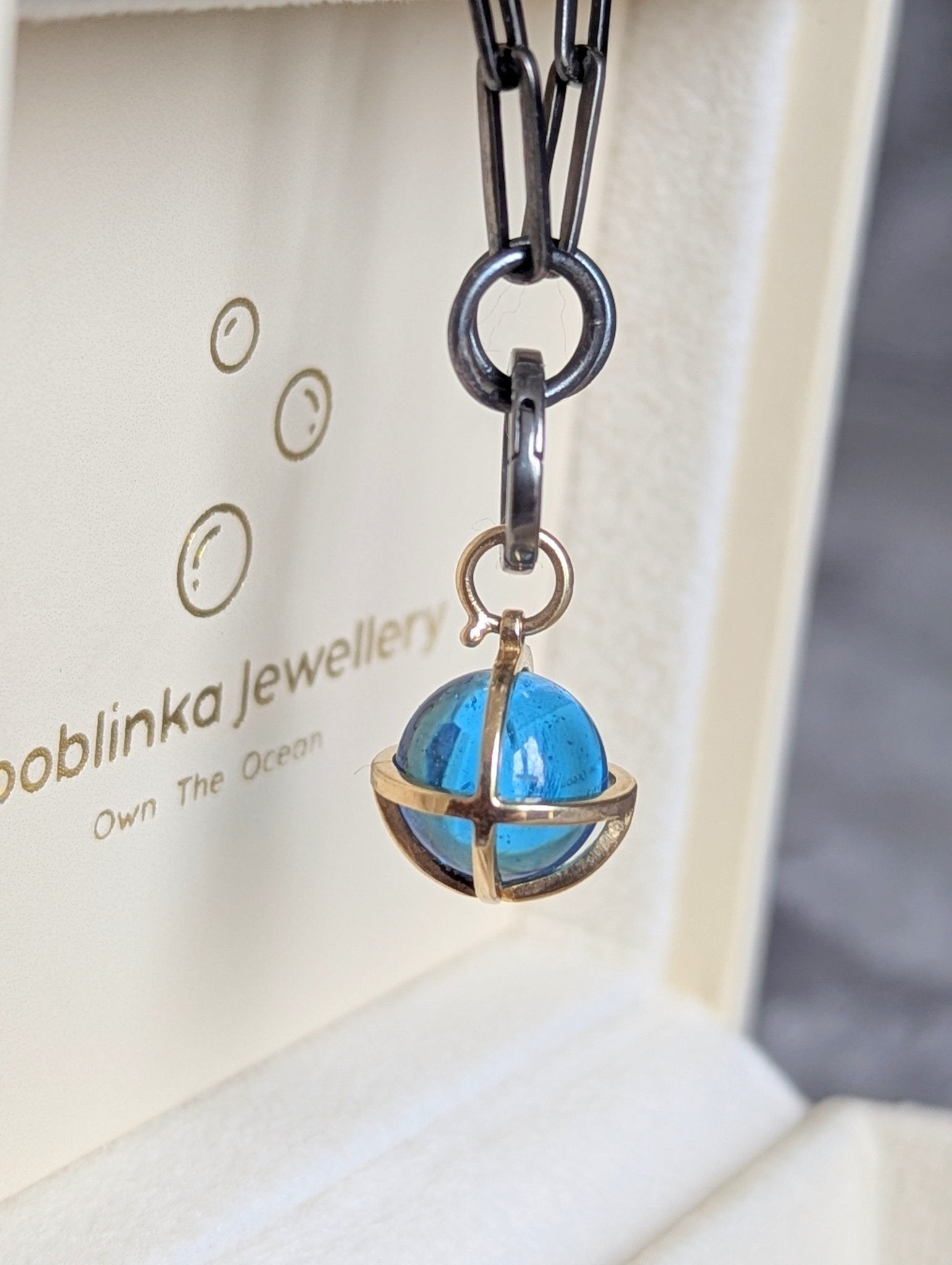 9ct Gold Swiss Blue Topaz Sphere Pendant with Black Rhodium Silver ChainNecklacesBooblinka Jewellery