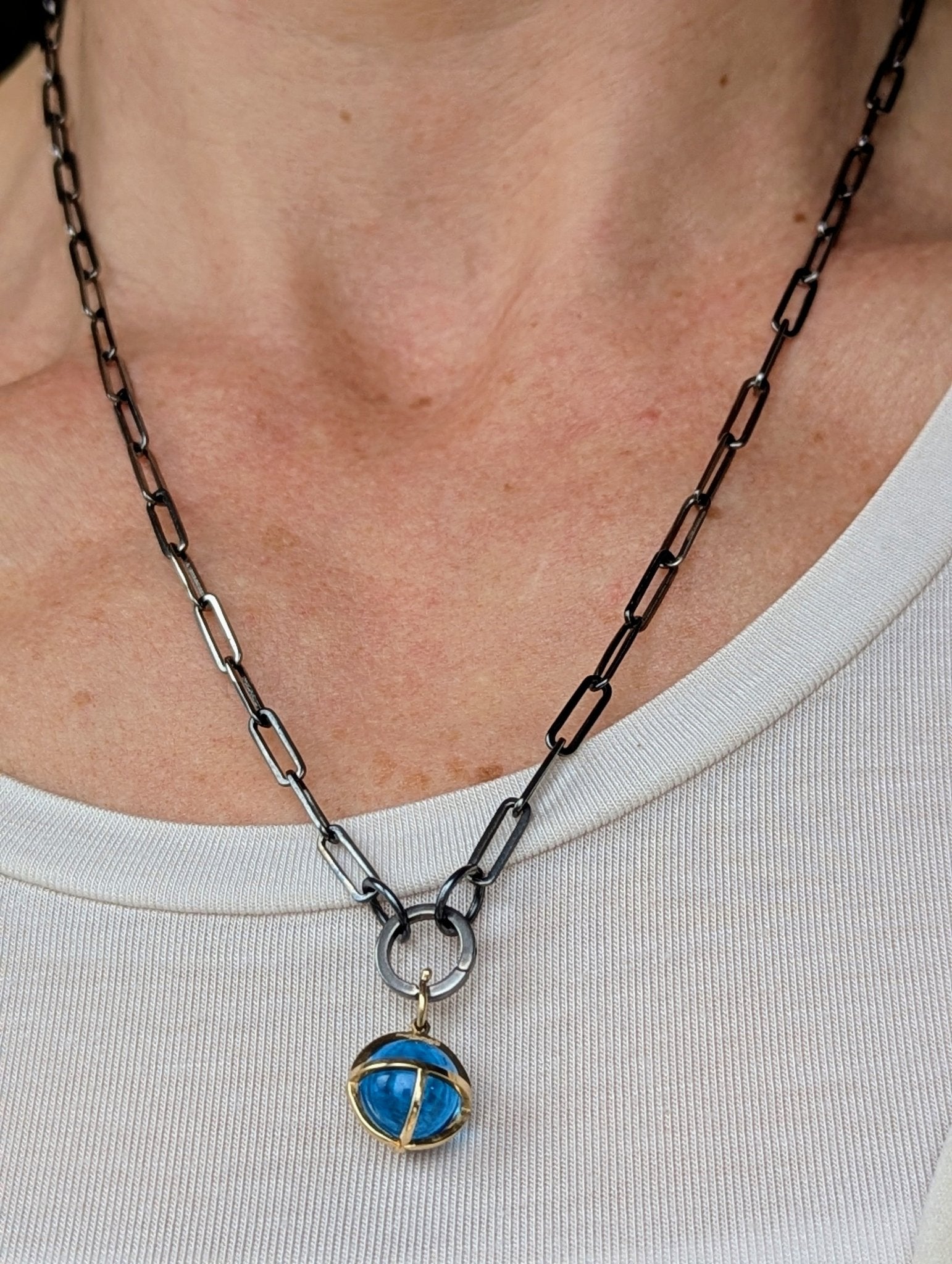 9ct Gold Swiss Blue Topaz Sphere Pendant with Black Rhodium Silver ChainNecklacesBooblinka Jewellery