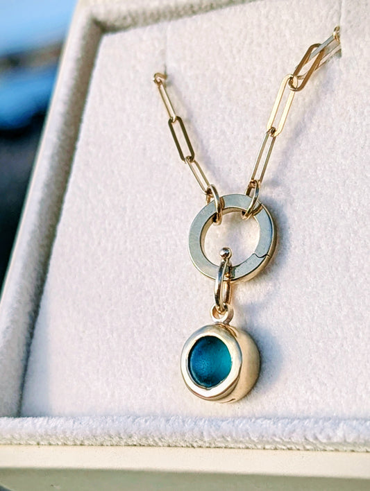 Teal Sea Glass Gold Necklace with Removable Connector and Paperclip Chain