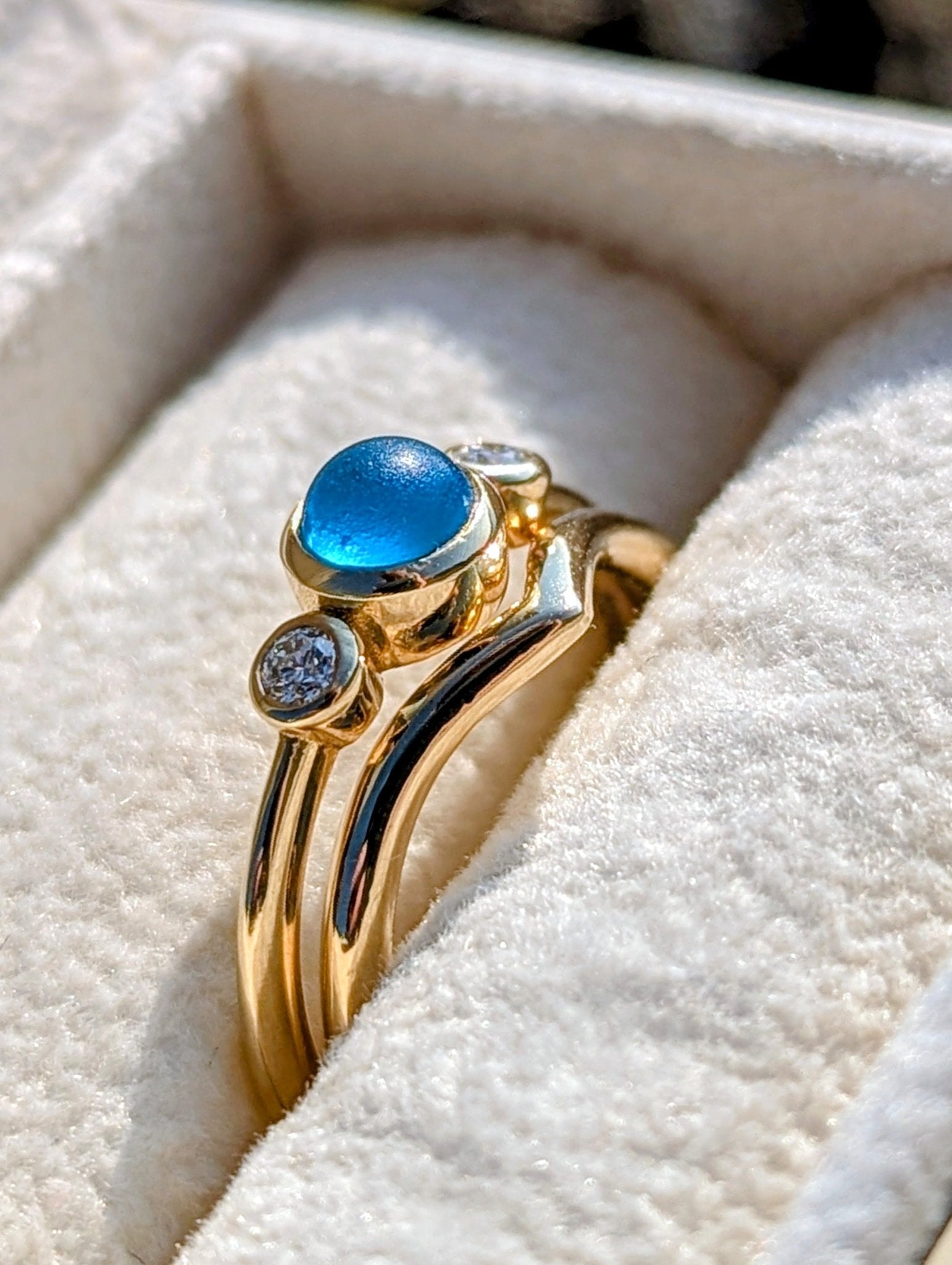 Blue Sea Glass and Ocean Diamonds Engagement Ring in 9ct Gold – Handmade in Cornwallengagement ringBooblinka Jewellery