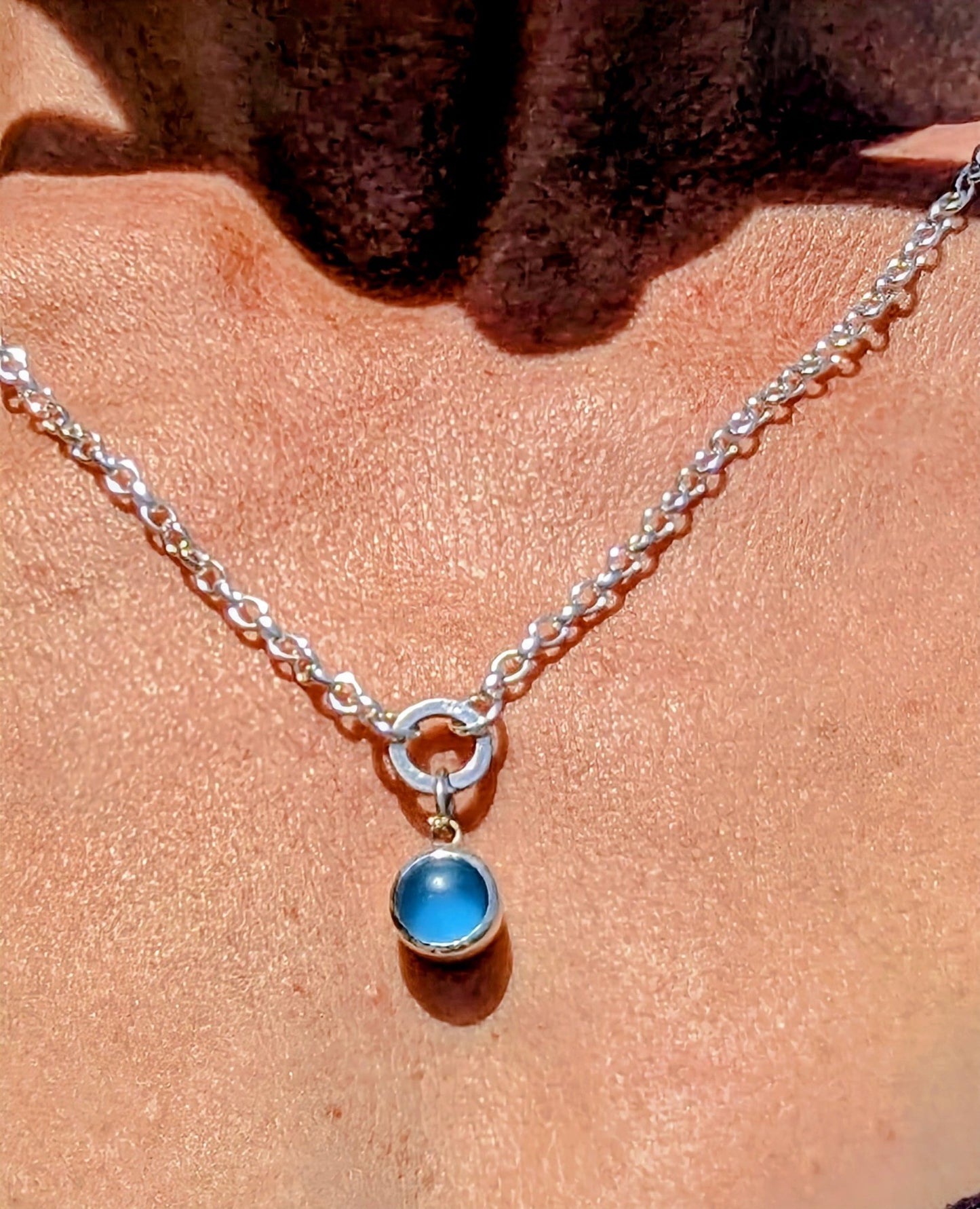 Blue Sea Glass Necklace in Silver with Chunky Belcher ChainNecklacesBooblinka Jewellery