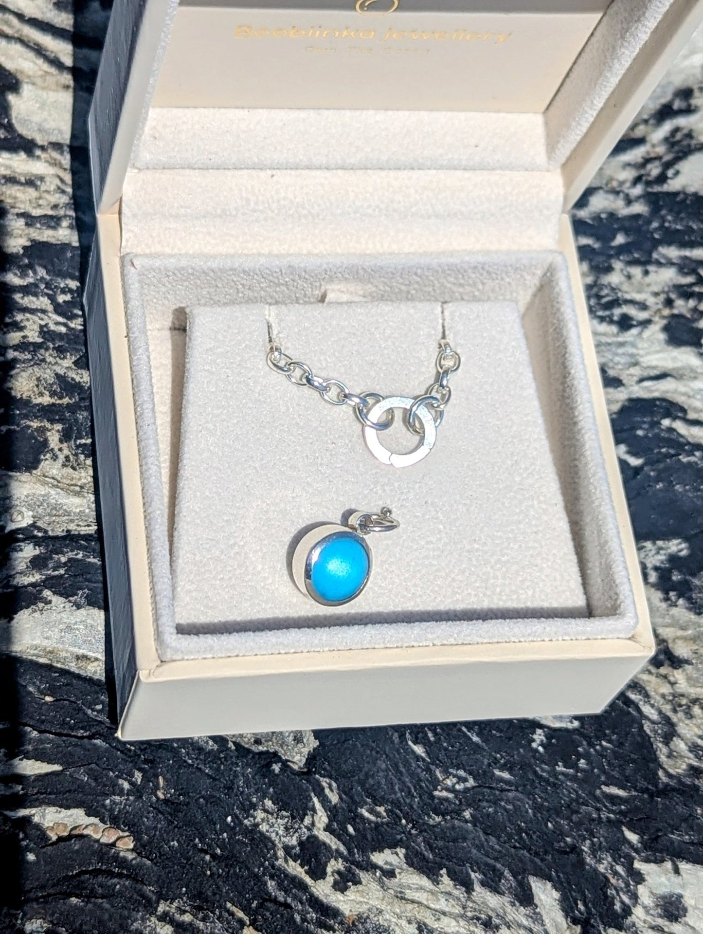 Blue Sea Glass Necklace in Silver with Chunky Belcher ChainNecklacesBooblinka Jewellery