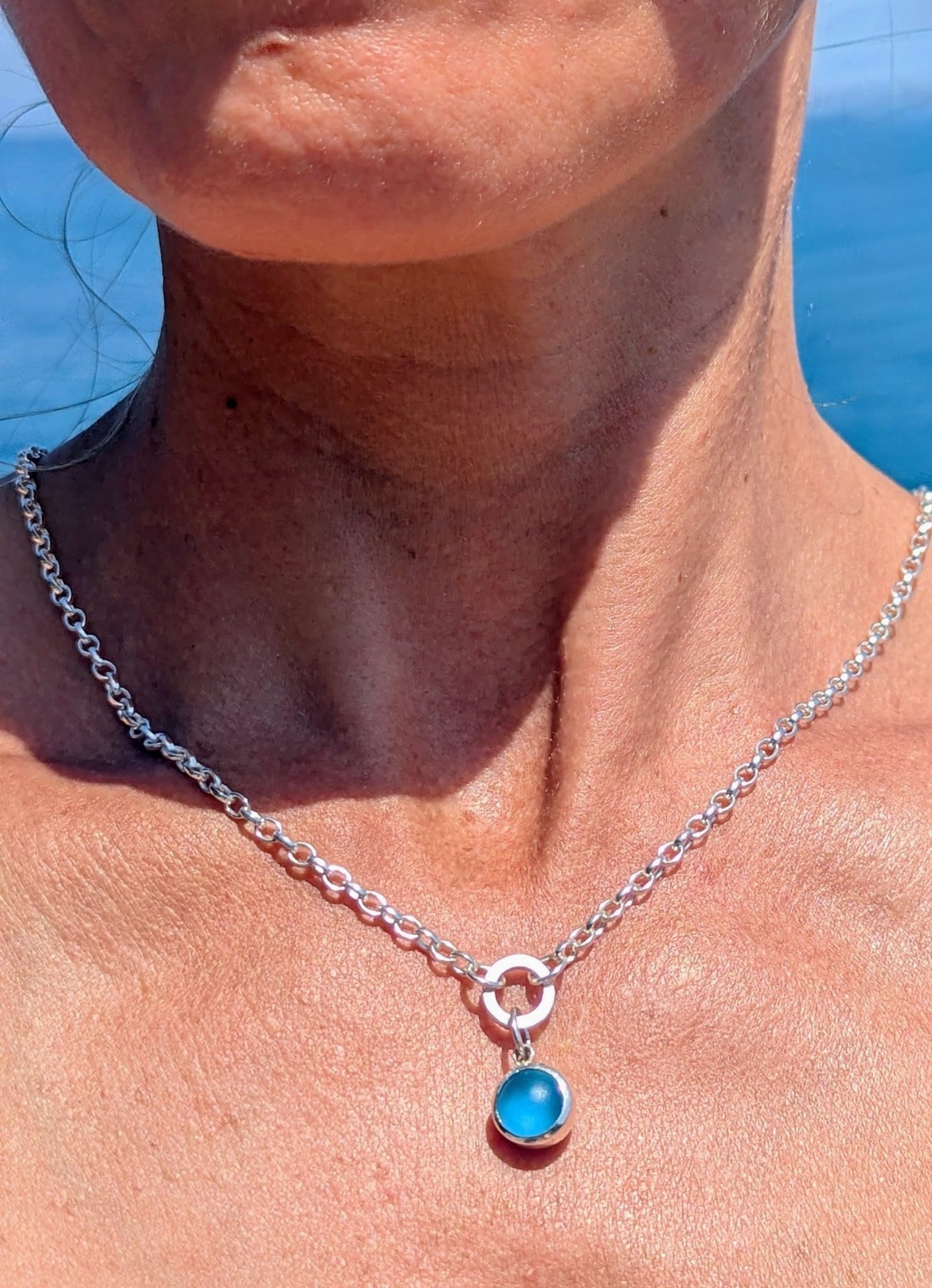 Blue Sea Glass Necklace in Silver with Chunky Belcher ChainNecklacesBooblinka Jewellery