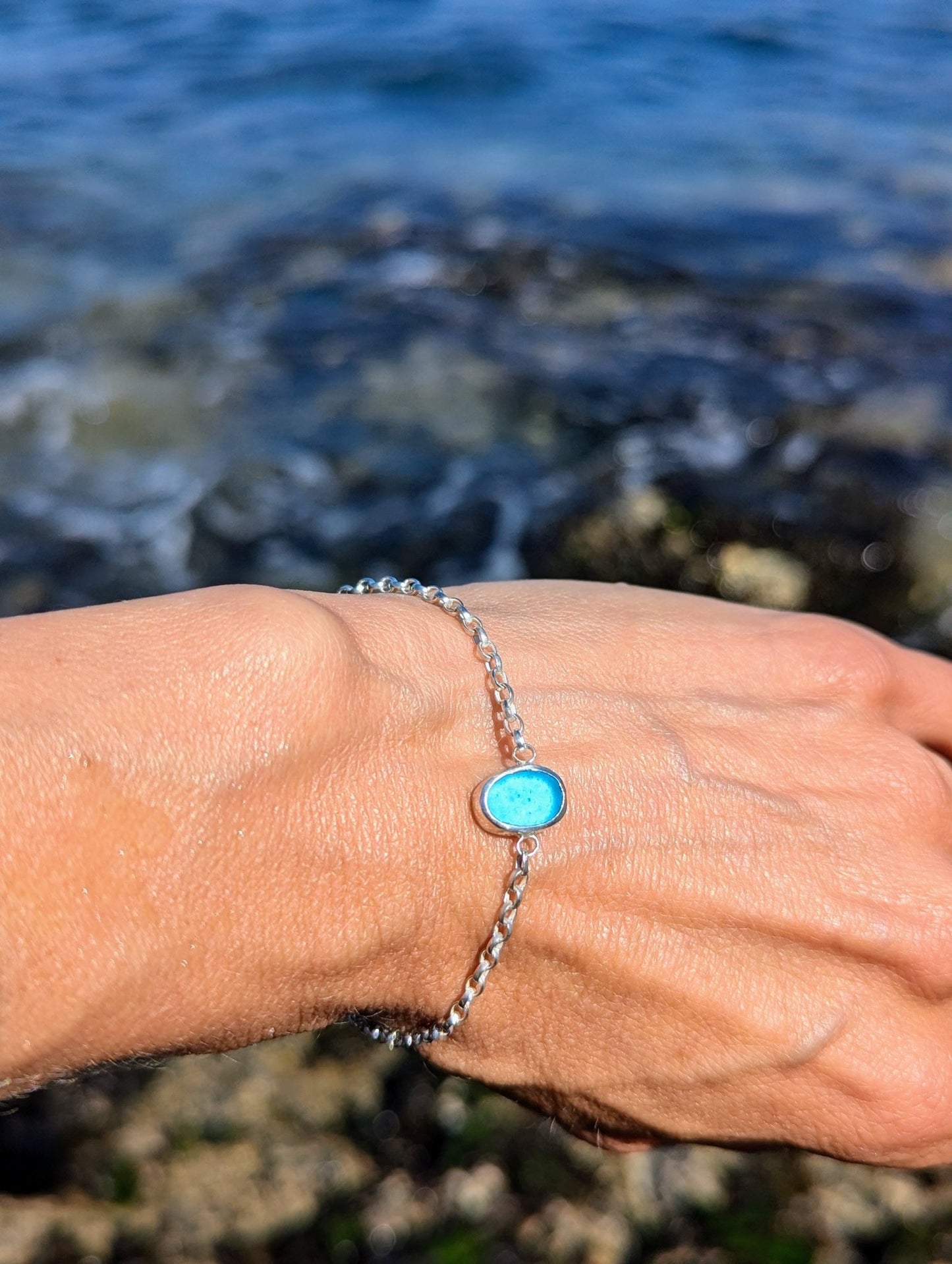 Blue Sea Glass Sterling Silver Bracelet - Allure CollectionBraceletBooblinka Jewellery