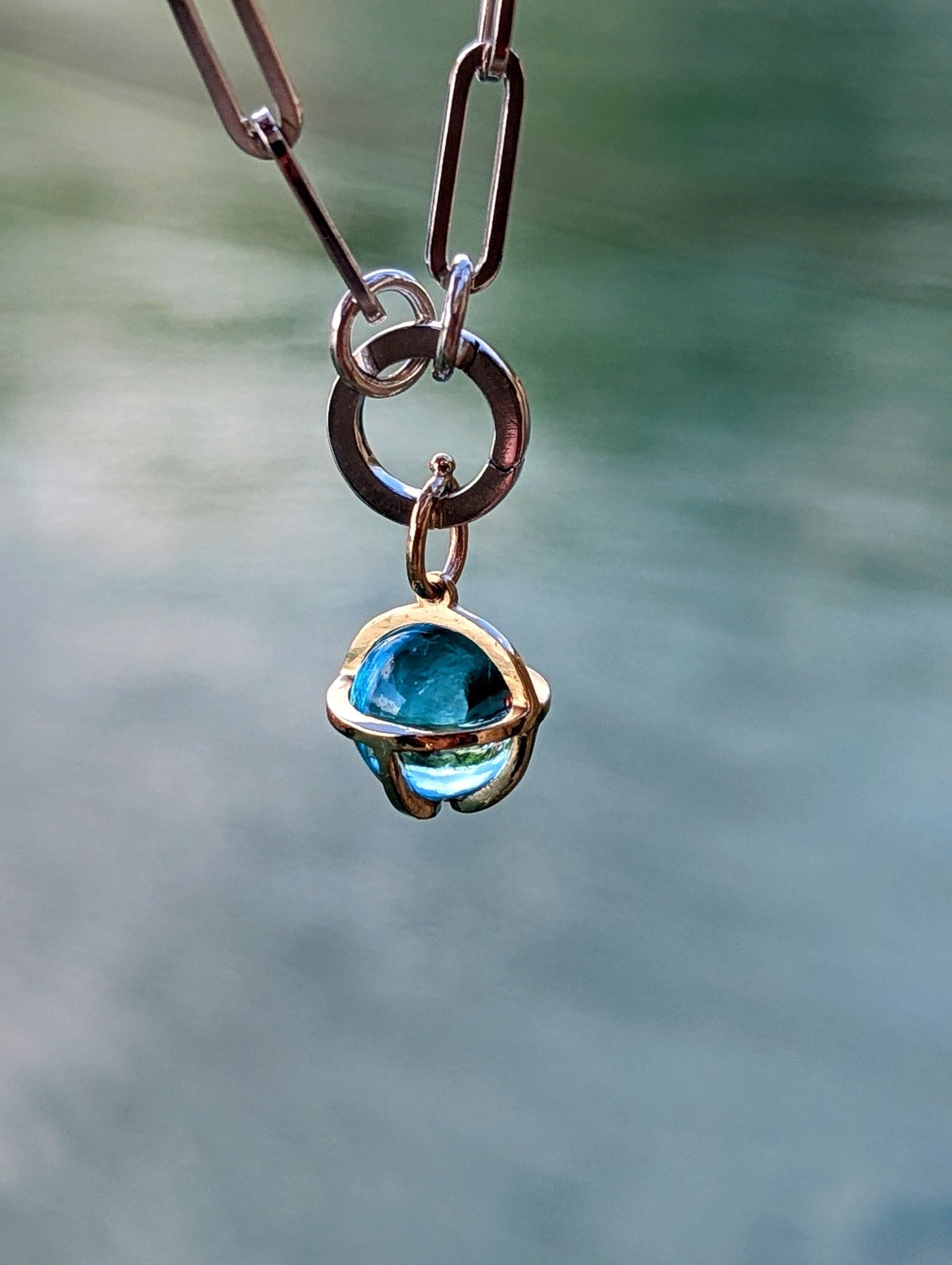 Blue Topaz Charm Bracelet with 9ct Gold Cage and Silver Paperclip Chain | One-Off PiecebraceletBooblinka Jewellery