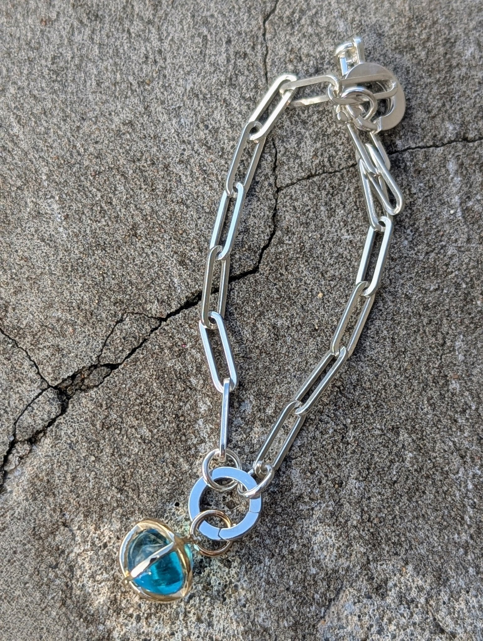 Blue Topaz Charm Bracelet with 9ct Gold Cage and Silver Paperclip Chain | One-Off PiecebraceletBooblinka Jewellery