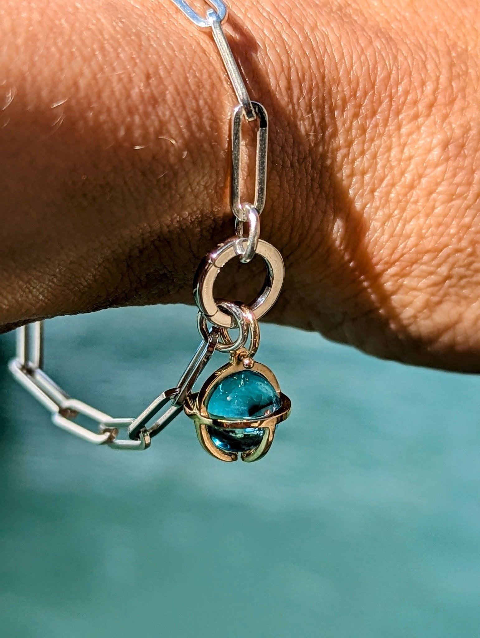 Blue Topaz Charm Bracelet with 9ct Gold Cage and Silver Paperclip Chain | One-Off PiecebraceletBooblinka Jewellery