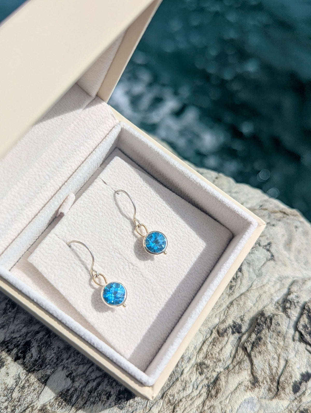Blue Topaz Dangle Earrings – Silver & Gold, Handmade in CornwallEarringsBooblinka Jewellery