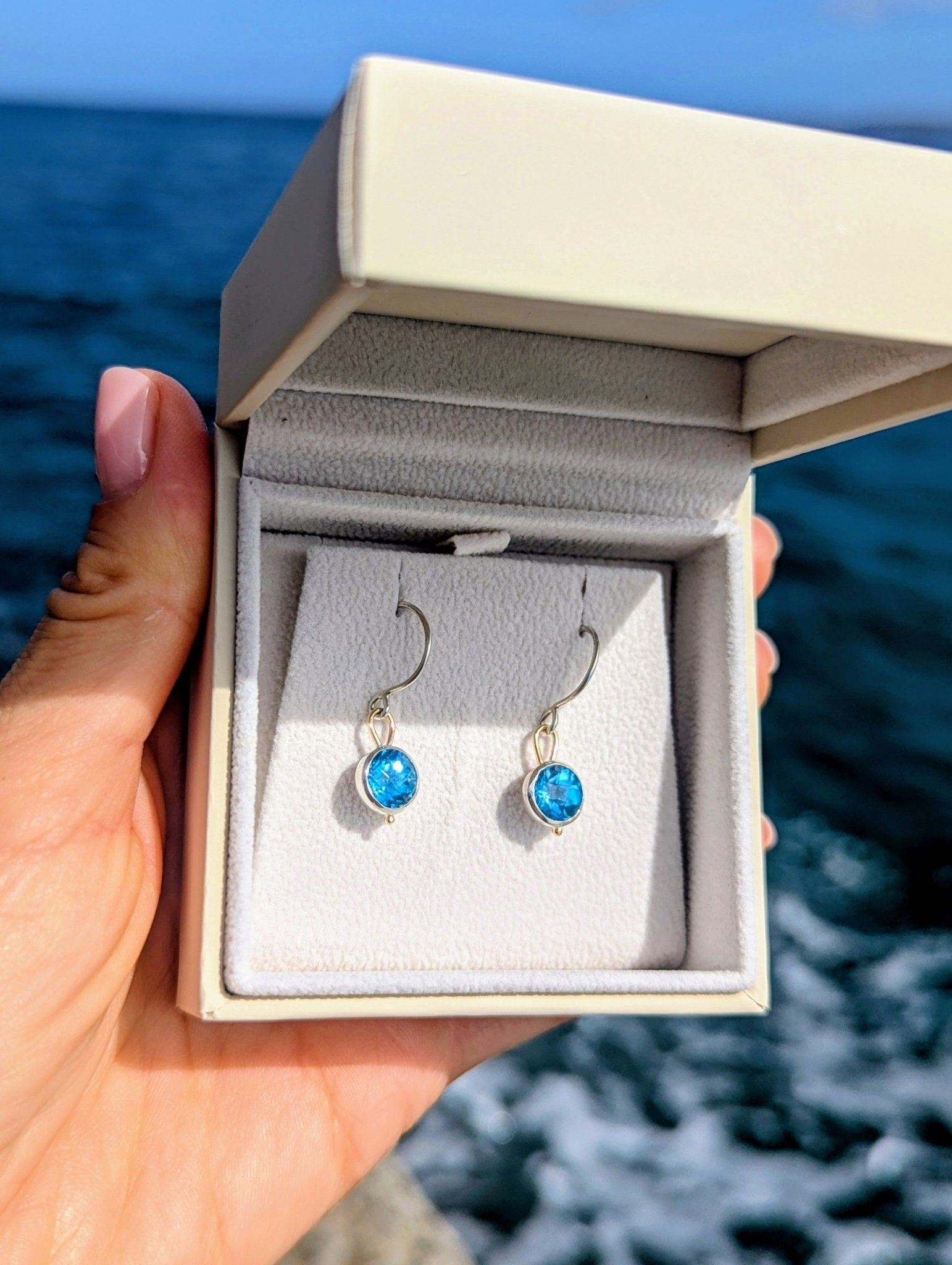 Blue Topaz Dangle Earrings – Silver & Gold, Handmade in CornwallEarringsBooblinka Jewellery