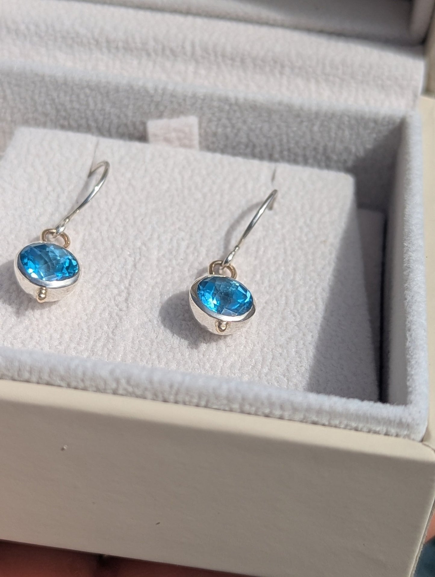 Blue Topaz Dangle Earrings – Silver & Gold, Handmade in CornwallEarringsBooblinka Jewellery