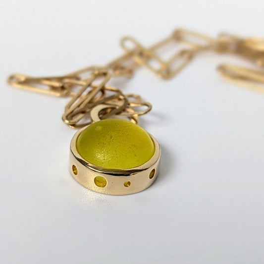 Rare Yellow Sea Glass Paperclip Necklace in Solid 9ct Gold on white background by Booblinka Jewellery