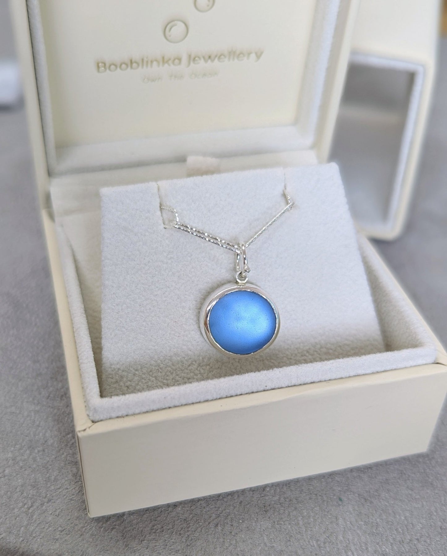 Cornflower Blue Sea Glass Necklace in Sterling Silver – Ready to ShipNecklacesBooblinka Jewellery