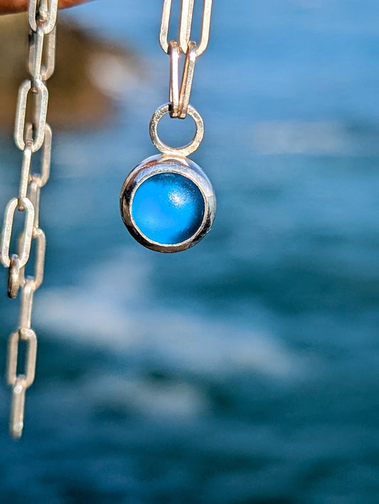 Electric Blue Sea Glass Necklace on Sterling Silver Paperclip ChainNecklacesBooblinka Jewellery