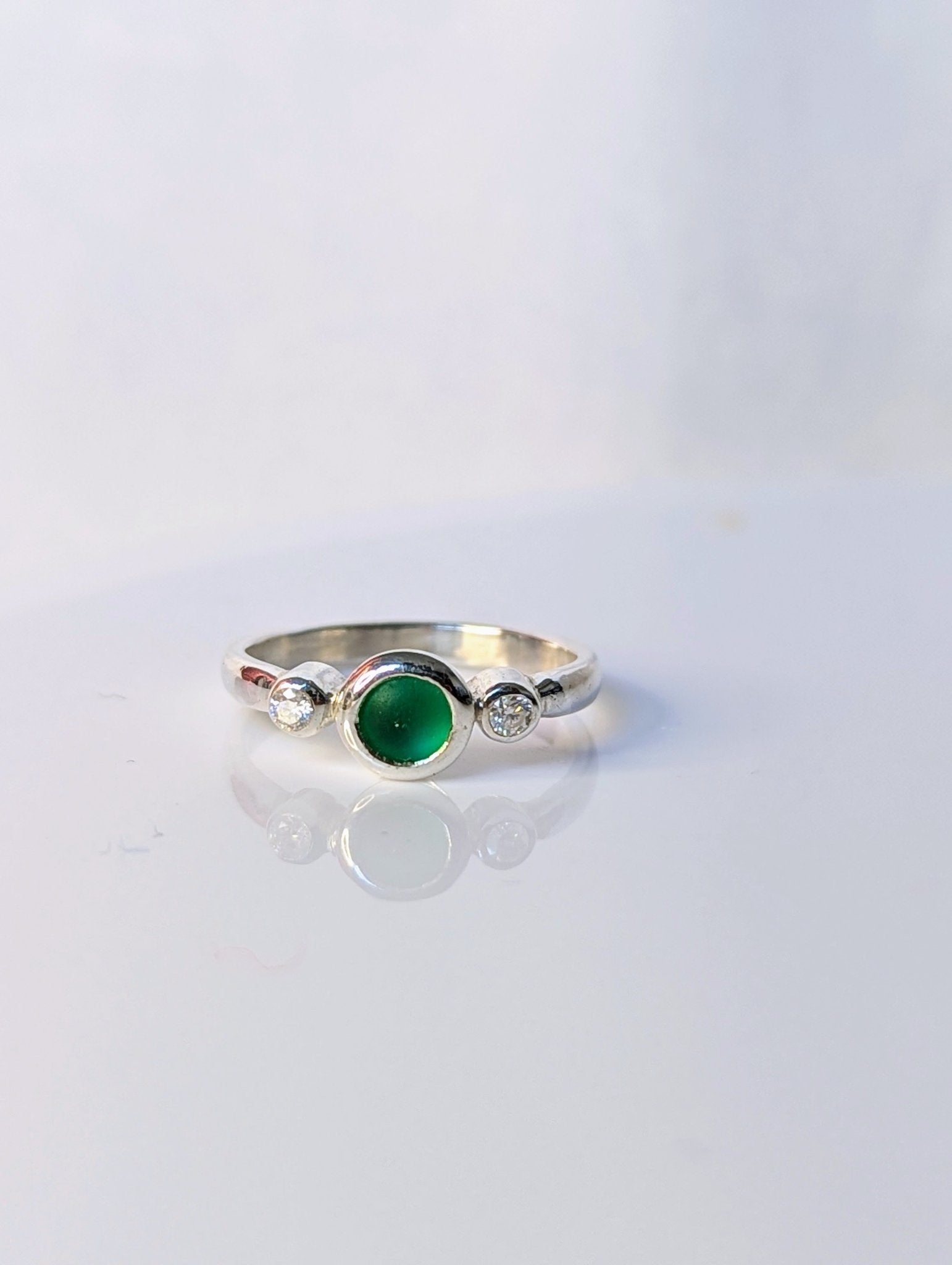 Green Sea Glass and Moissanite Engagement Silver Ring from Allure Collection on white  background by Booblinka jewellery