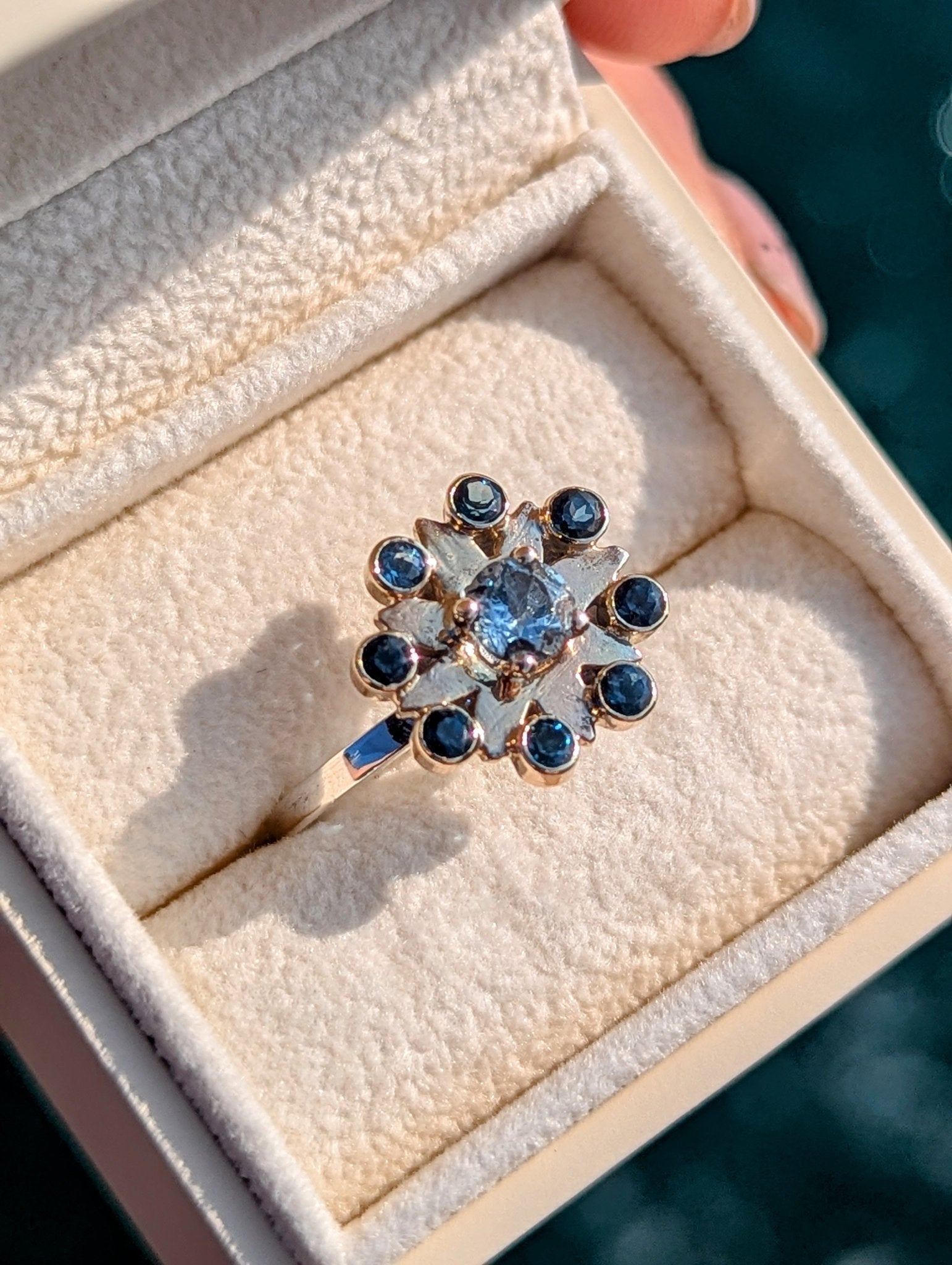 Gold and Silver Cluster Flower Ring with Sky & London Blue Topaz – One of a KindRingsBooblinka Jewellery