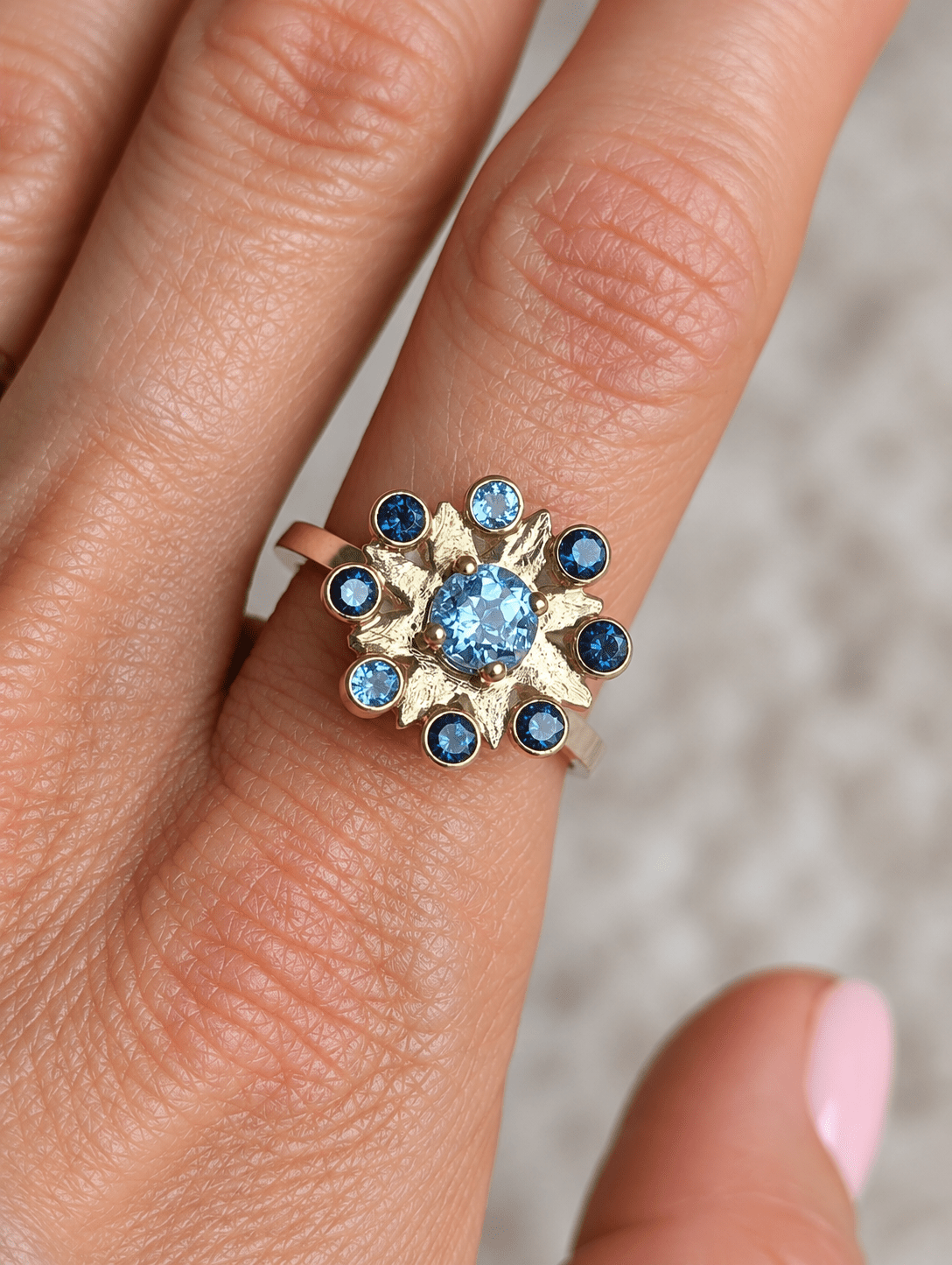 Gold & Silver Blue Topaz Cluster Flower RingRingsBooblinka Jewellery