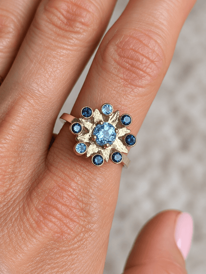 Gold & Silver Blue Topaz Cluster Flower RingRingsBooblinka Jewellery