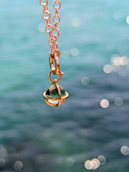 Green Moldavite Sphere Necklace – 9ct Gold Cage & Silver Chain (Made to Order for Mary)NecklacesBooblinka Jewellery